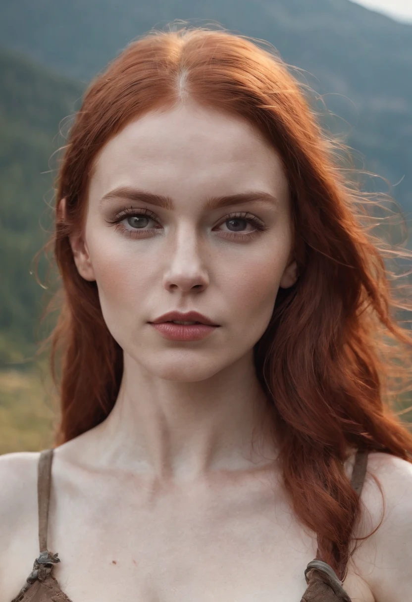 Redheaded Russian woman, Native, viking, tattoo, posing, high quality, hyper realistic, detailed, photorealism, nsfw, pale skin, mountains, topless, tattooed underboob