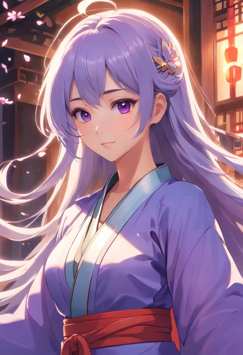 woman，Manhwa Style，elaborate faces，Purple Hanfu，Domineering，（（Straight silver hair））（A high resolution），（detail-rich）,tmasterpiece，infinite details，（（（（The ultimate in light and shadow））））），Domineering expression，sliver long hair，（Dream rendering），Full body like，closeup cleavage，4k画质，A masterpiece