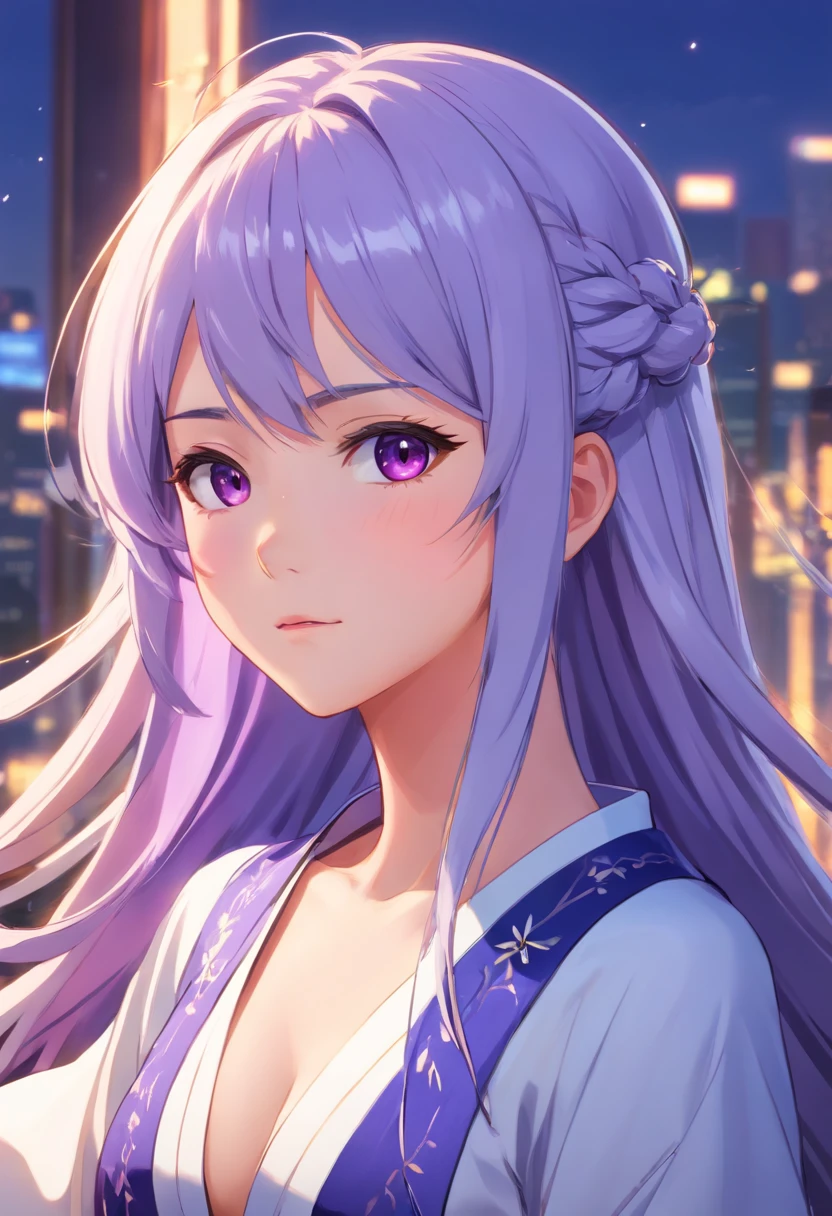 woman,Manhwa Style,elaborate faces,Purple Hanfu,Domineering,((Straight silver hair))(A high resolution),(detail-rich),tmasterpiece,infinite details,((((The ultimate in light and shadow))))),Domineering expression,sliver long hair,(Dream rendering),Full body like,closeup cleavage,4k画质,A masterpiece