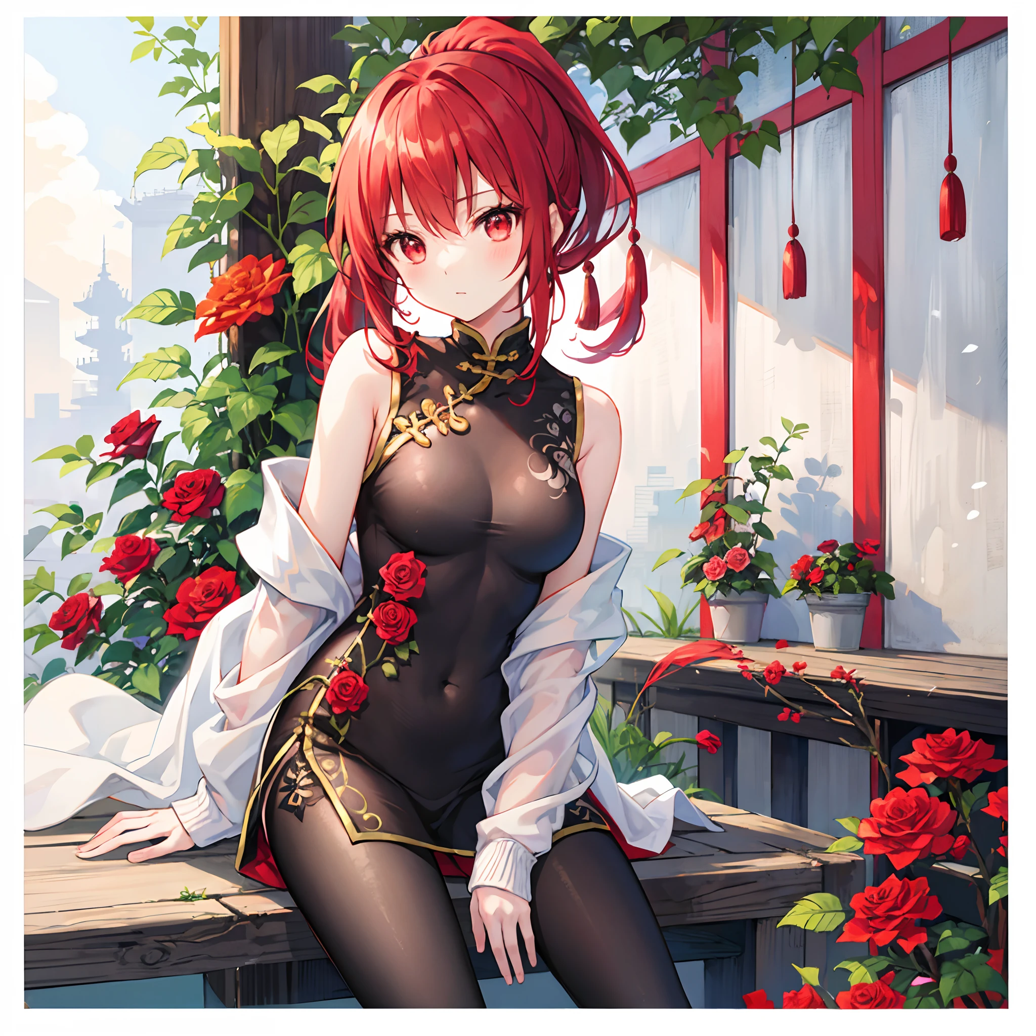 Redhead ponytail、red eyes、Beautiful girl alone、chinese clothes、Bright red rose garden、Black tights