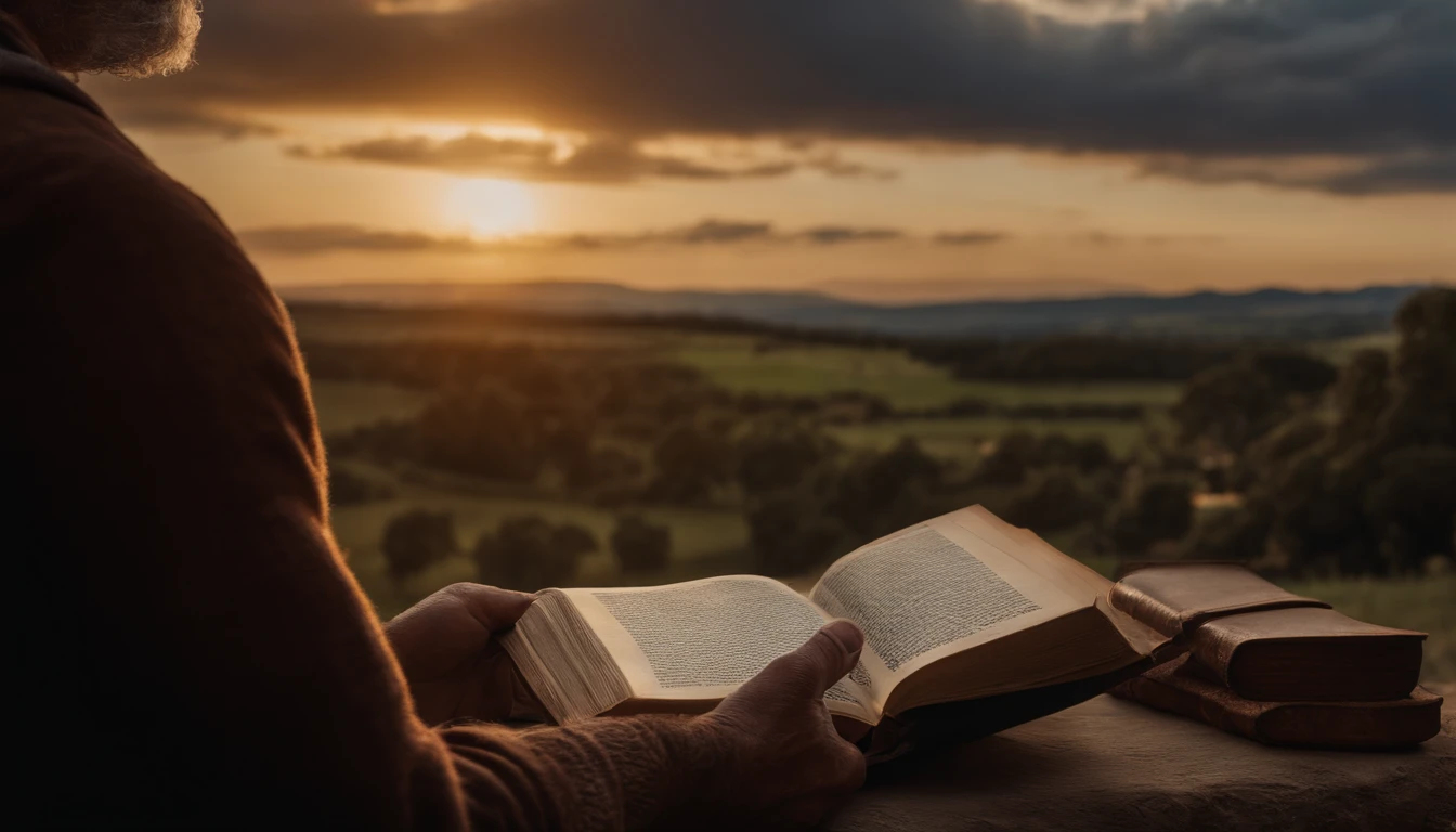 (Biblical times) ao (On the left side of the image is an old man holding a luminous book in his hands) ao (On the right side of the image there is a scary demon) (Biblical times) profundidade de campo, Bokeh, Realismo, fotorrealista, hiper-Realismo, fotografia profissional, 8k UHD , DSLR, HDR , piece of master, melhor qualidade, filme granulado, Pintura fotorrealista, Fujifilm XT3