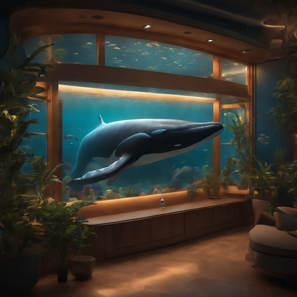 (best quality, high-res:1.2), vibrant lights, masterpiece:1.2, curated, super-detailed, high-quality, award-winning, swimming in a small fish bowl, long-whiskered whale