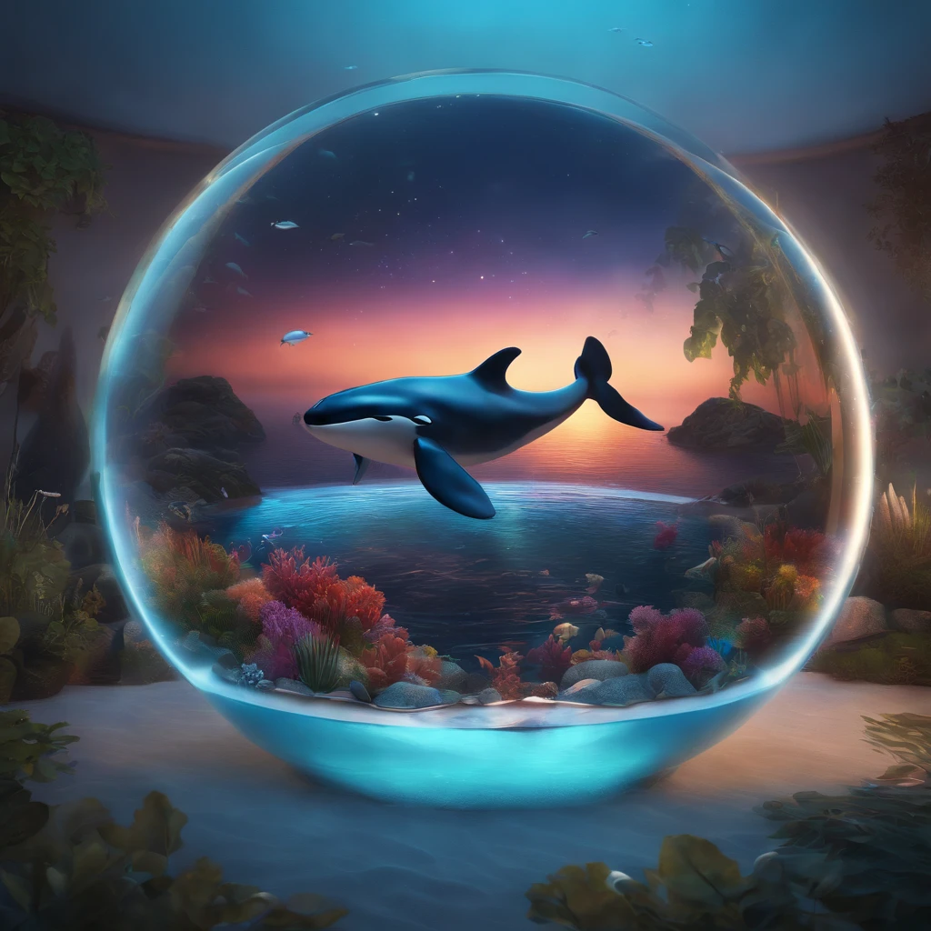 (best quality, high-res:1.2), vibrant lights, masterpiece:1.2, curated, super-detailed, high-quality, award-winning, swimming in a small fish bowl, long-whiskered whale