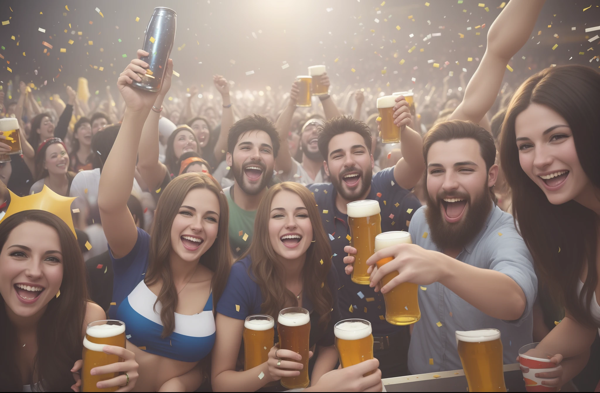 people are celebrating with beer and confetti in a crowded area, cheering crowd, cheering crowds, people drinking beer, the atmosphere is cheerful, crowd cheering, many partygoers, revellers, enthusiastic crowd, cheerful atmosphere, ecstatic crowd, crowd of people, party people in background, shutterstock, huge crowd on drugs, party atmosphere, drinking beer and laughing