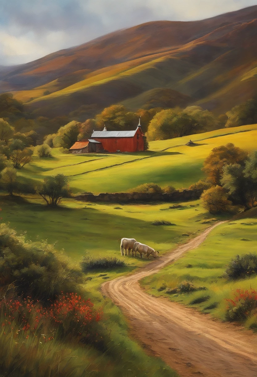 Pintura con acuarelas de un paisaje de un pastor y ovejas de la edad media. Muy detallado. Hi-Def