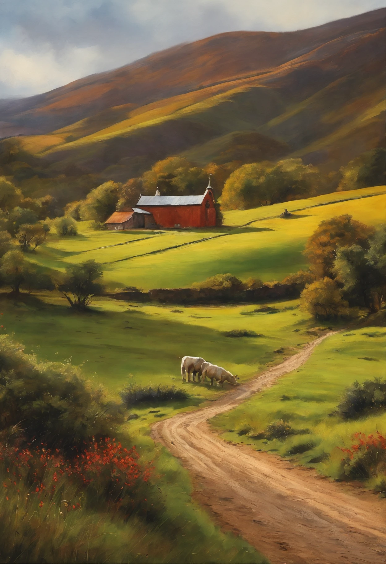 Pintura con acuarelas de un paisaje de un pastor y ovejas de la edad media. Muy detallado. Hi-Def