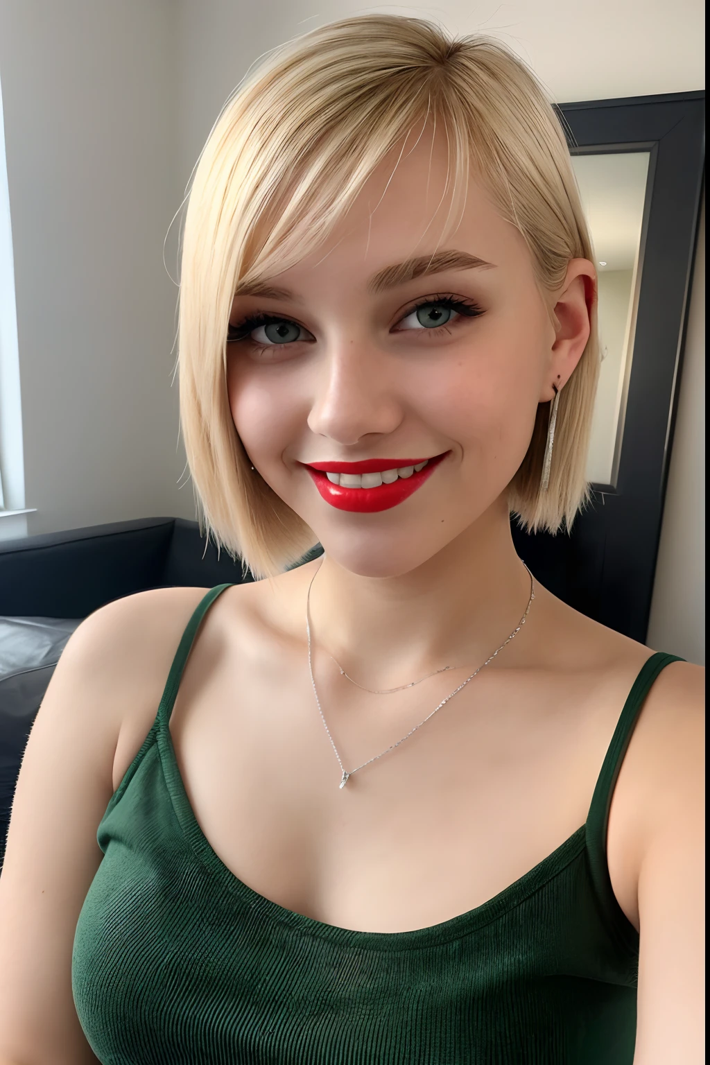 (Self Shot photo of 18 yo woman, Topless, Very attractive, Loop Earing, Silver Necklace, Red Lipstick, Seductive , Blonde hair, Blunt cut Hairstyle, (small breasts), detailed full body, (split lips), a beautiful and pleasant smile, realistic green eyes, POV, realistic[:, (film grain, 25mm, f/1.2, dof, bokeh, beautiful symmetrical face, perfect bright eyes, well-defined pupils, high contrast eyes, ultra detailed skin, skin pores, vellus hair, fabric stitching, fabric texture, stone texture, finely detailed features:1):0.9]