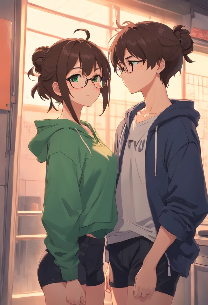 brown hair tied in messy bun, glasses, big boobs, green eyes, pointed ears, goth, black crop hoodie, black shorts, round glasses, black fishnet gloves and stockings, freckles, blushing, hentai, nsfw, sexual, having sex, big dick, porn, male x female, two people, sex with viewer
