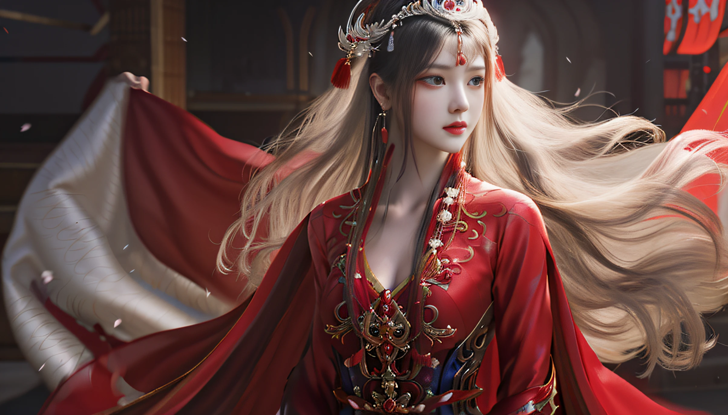 Arapei woman in red dress，Long hair and red cape, a beautiful fantasy empress, Palace ， A girl in Hanfu, portrait shooting, ((a beautiful fantasy empress)), Ross Tran 8 K, inspired by Zhang Yan, xianxia fantasy, beautiful fantasy art portrait, by Yang J, Cinematic. author：leng jun, Inspired by Lan Ying