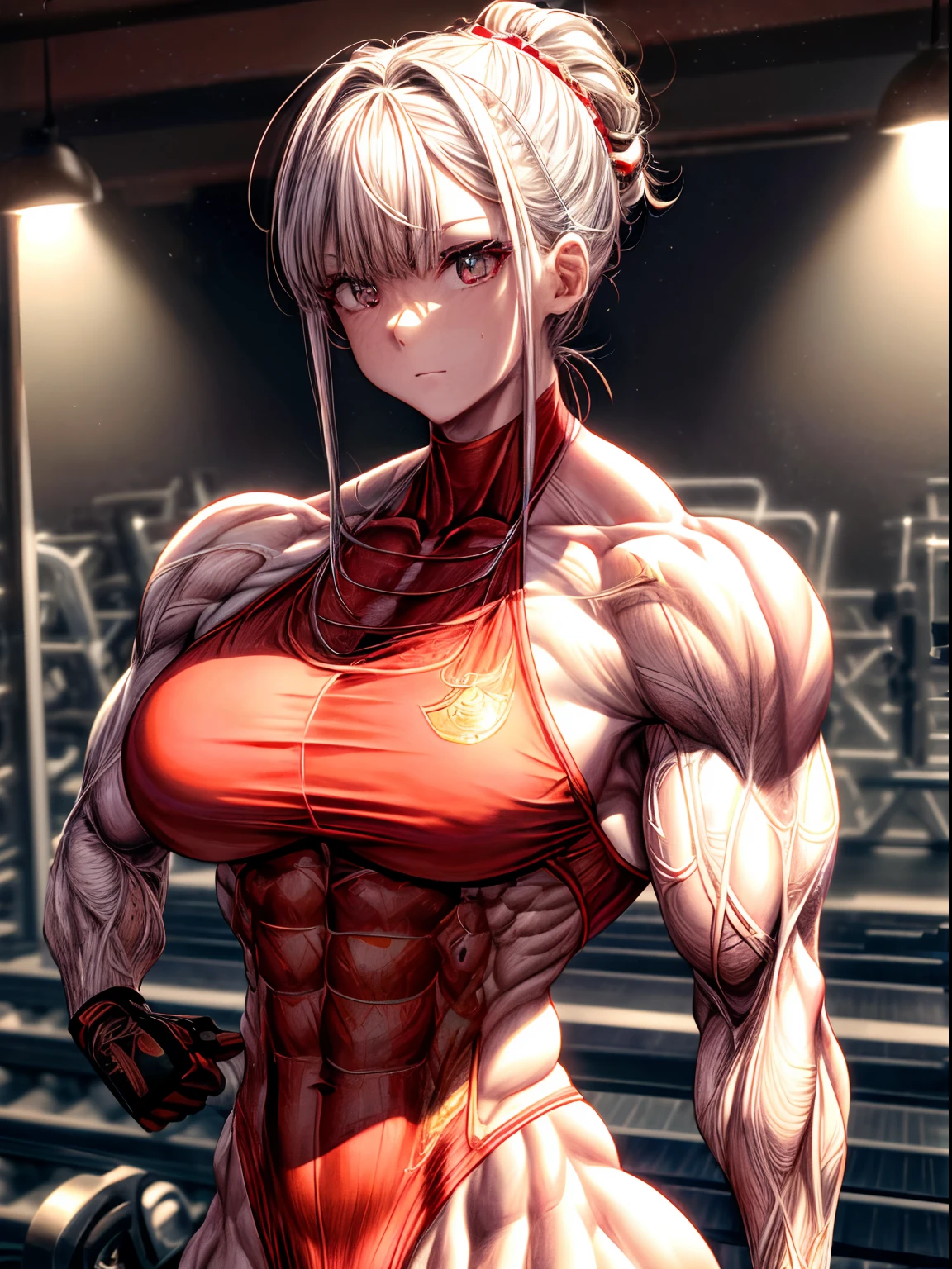 (BEST lighting) , (ultra intricately detailed) , 4K unification, (super-detailed CG: 1.2) , (8K: 1.2),(Original), (Masterpiece) , (Best quality),(Masterpiece:1.4),Anime-ish high quality,(Masterpiece),Masterpiece, Best quality, absurderes,((masterpeace, 4K, 8K, Yes, A high resolution))1girll, One man only,She is in the ballet studio,Black ballet costume, Thick tubers,Protruding blood vessels on the arm,red pupils,Spring, golden outfit,Boots, Perfect figure, Short white asymmetric hair, Sweat, ((body builder:1.5)),The strongest in the world,Practice dance studio background,(Beautiful bace),(Girl),(Female),(((Upper body:1)))