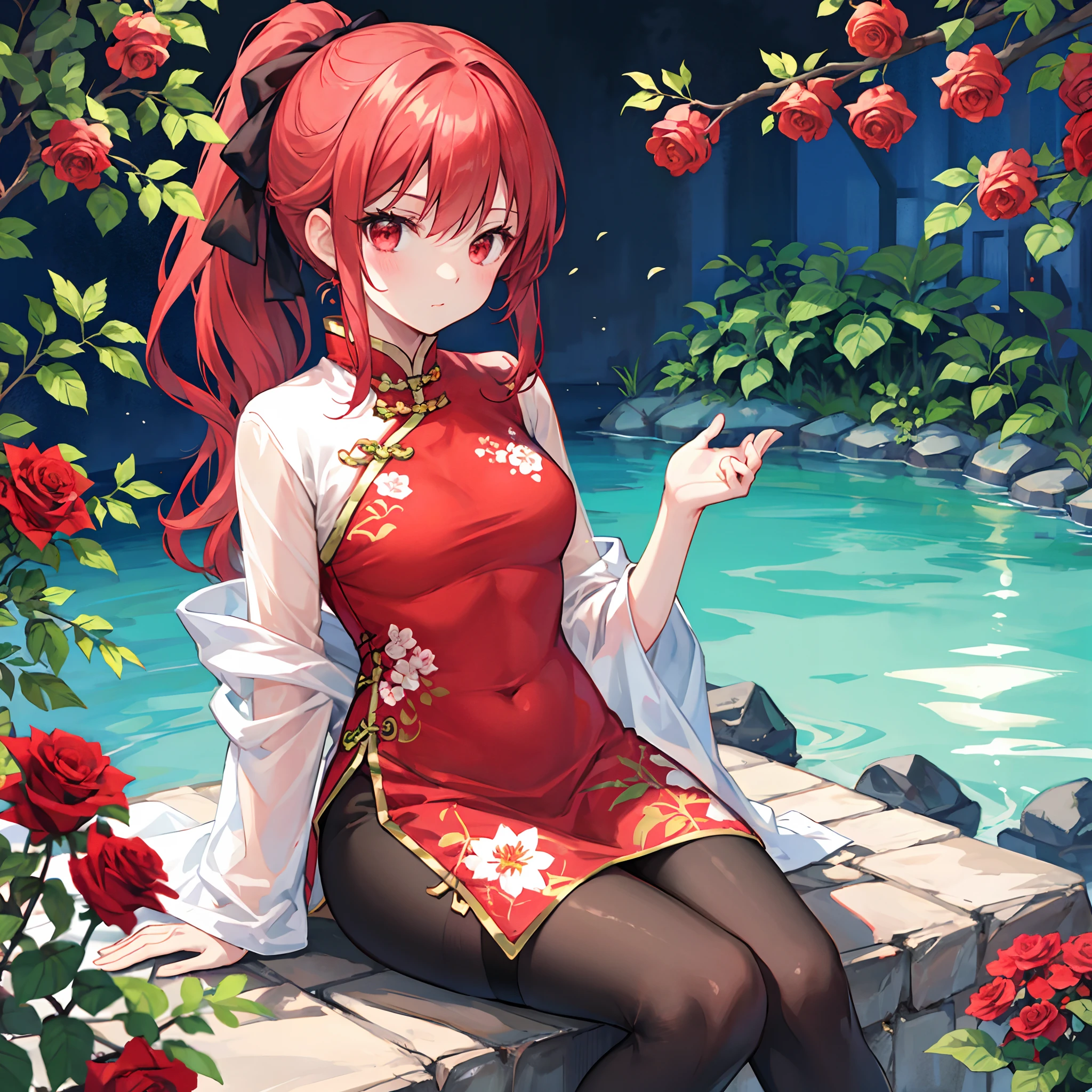 Redhead Ponytail、red eyes、Beautiful girl alone、chinese clothes、Bright red rose garden、Black tights、sitting on