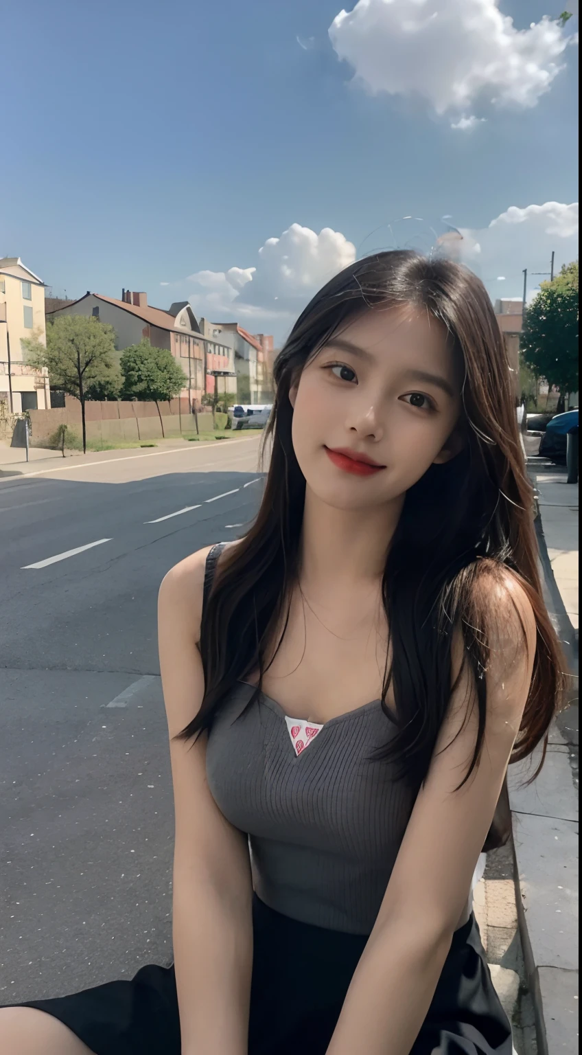 A pretty maiden,Pure,Melon seed face,gentle and cute,A sweet smile,Pure desire is to look directly into the camera,uniform, Obi, formal,Black silky long, Straight hair,Long hair flowing over the shoulders,round black big eyes,Clear big eyes,Hydrated red lips,Sweet Royal,