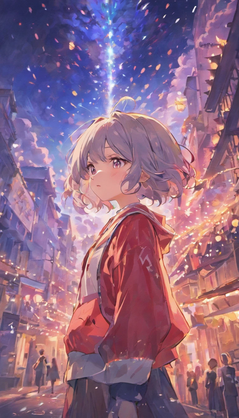 1girll,sideface,Sideways, Expose the whole body,Nice face,red pupils,Gray-black hair,Fireworks in bloom,Colorful fireworks,fire works,daysies,Floating in the sky,brightly,cheerfulness,Warm and soft lighting,early evening,Blue,light cloud,Bar cloud