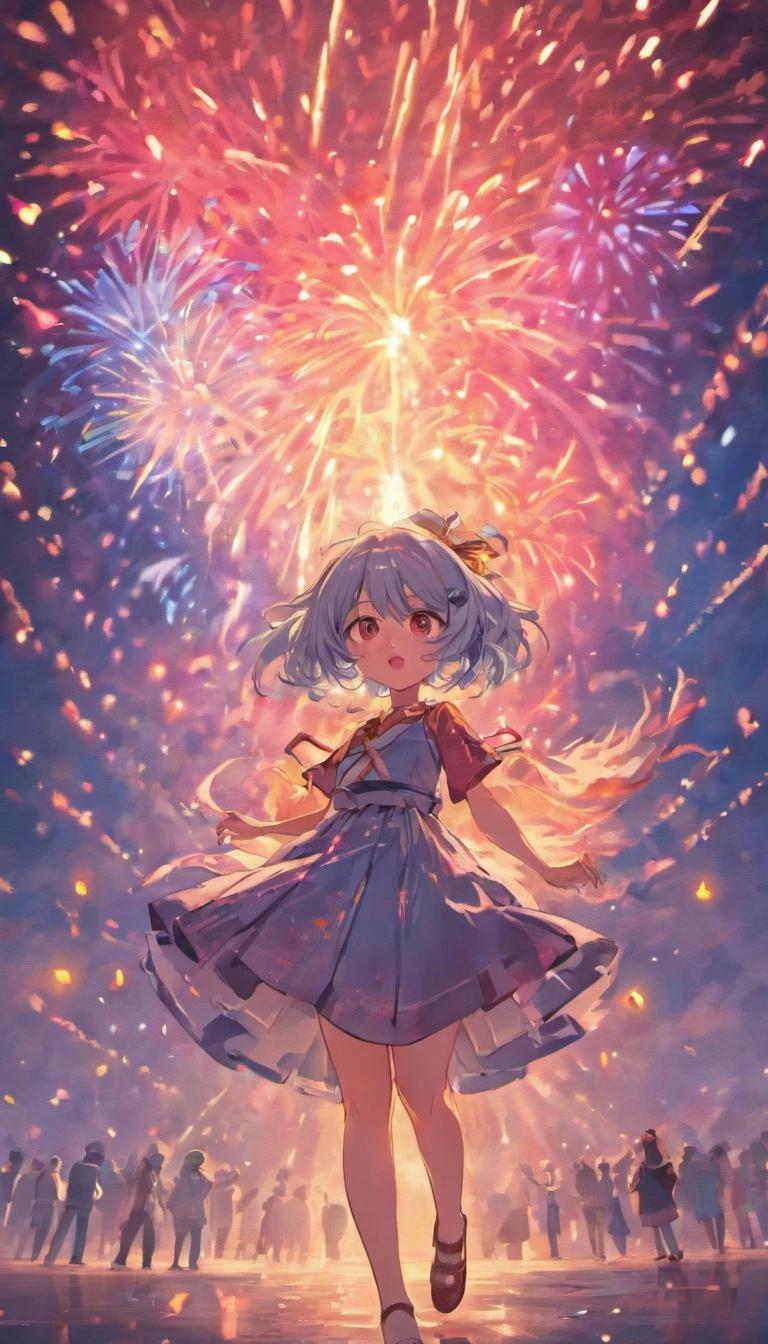 1girll,sideface,Sideways, Expose the whole body,Nice face,red pupils,Gray-black hair,Fireworks in bloom,Colorful fireworks,fire works,daysies,Floating in the sky,brightly,cheerfulness,Warm and soft lighting,early evening,Blue,light cloud,Bar cloud