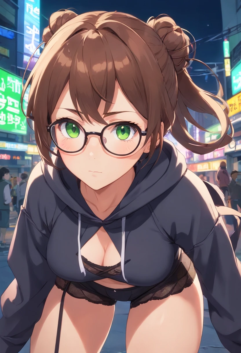 brown hair tied in messy bun, glasses, big boobs, green eyes, pointed ears, goth, black crop hoodie, black shorts, round glasses, black fishnet gloves and stockings, freckles, blushing, hentai, nsfw, sexual, having sex, big dick, porn, male x female, sex with viewer