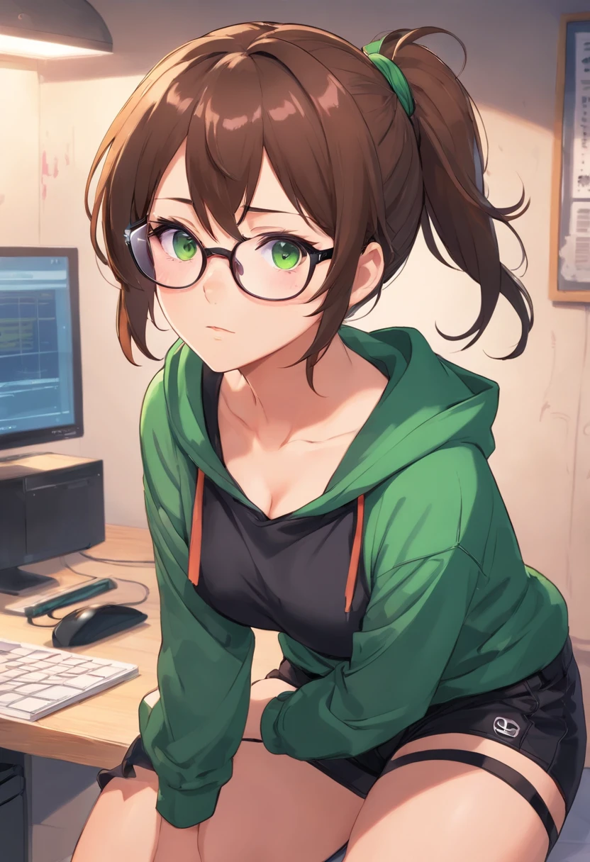 brown hair tied in messy bun, glasses, big boobs, green eyes, pointed ears, goth, black crop hoodie, black shorts, round glasses, black fishnet gloves and stockings, freckles, blushing, hentai, nsfw, sexual, having sex, big dick, porn, male x female, sex with viewer