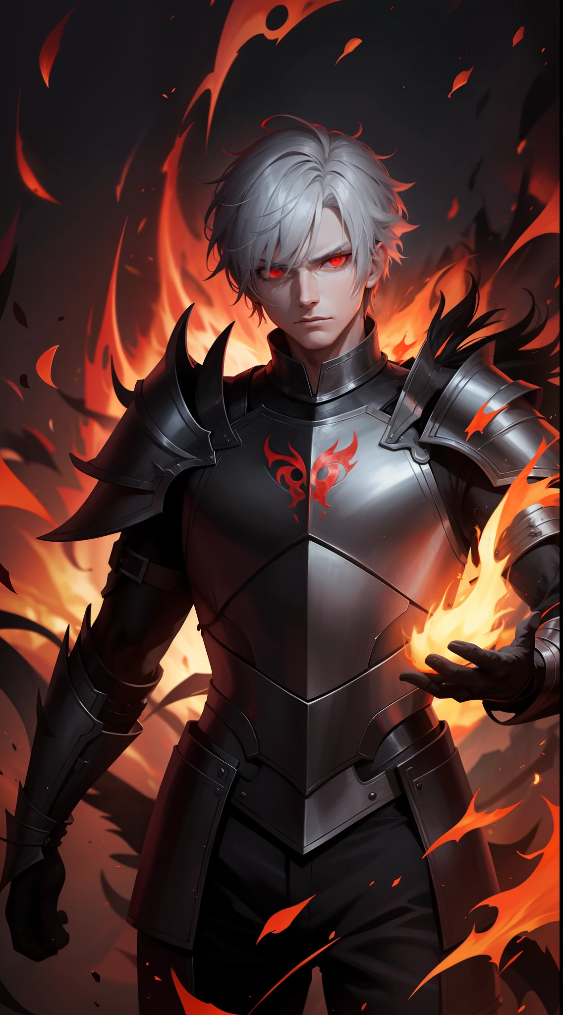 Male with gray hair, red eyes, surounded by black flames, evil, beserk, wearing armor, lost control