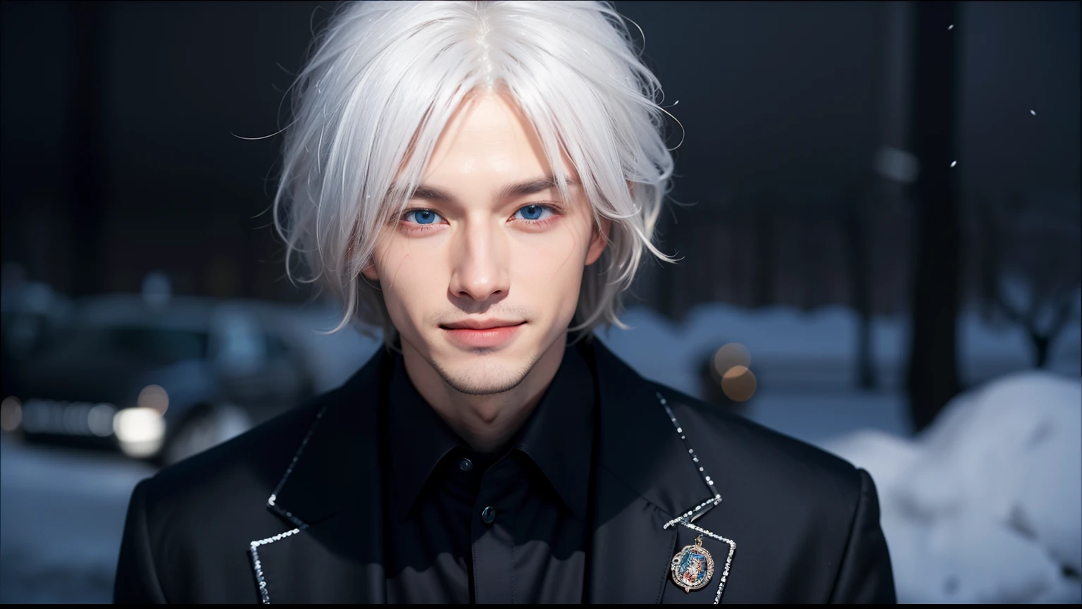 superfine illustration, very detailed beautiful face and eyes, Dynamic Angle, 20-year-old man in navy blue suit, Body and head straight in the photo, Facing the viewer of the photo, Eyes fixed on the lens, You can see the shoulders and head in the photo, Man in the center of the photo, 8K, Best Quality, masutepiece, Realistic, photos realistic, cinematic photography, A hyper-realistic, 1 person, Detailed, Perfect Lighting, DSRL, professional photograpy, 4K, snow-white hair, Light blue eyes, Super handsome man, smile