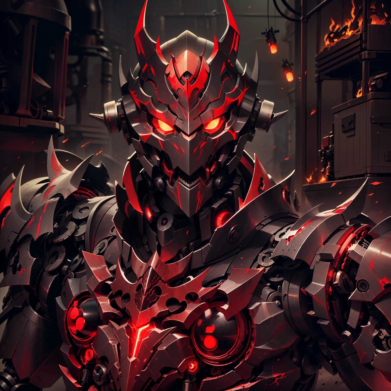 (Best quality, Masterpiece:1.2), The incarnation of the devil,(Dark martial arts master), (Semi-mechanized masked knight, Glowing red eyes), Wears red and gold mechanized armor, (Mechanical details:1.4), (Mechanical details:1.4), violence, Bloodstained cloak, The body is engulfed in hellfire, (Best composition), (Best quality), (Masterpiece),