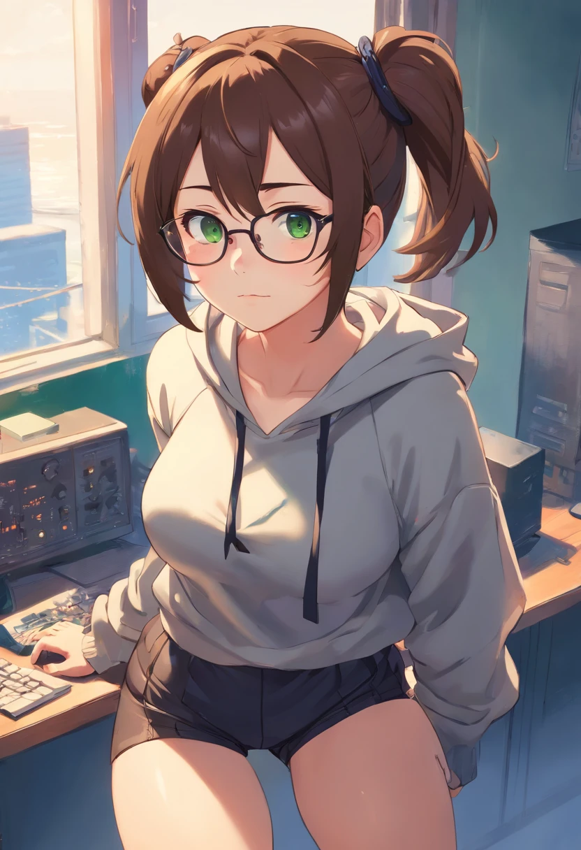 brown hair tied in messy bun, glasses, big boobs, green eyes, pointed ears, goth, black crop hoodie, black shorts, round glasses, black fishnet gloves and stockings, freckles, blushing, hentai, nsfw, sexual, having sex, big dick, porn, male x female, sex with viewer, porn