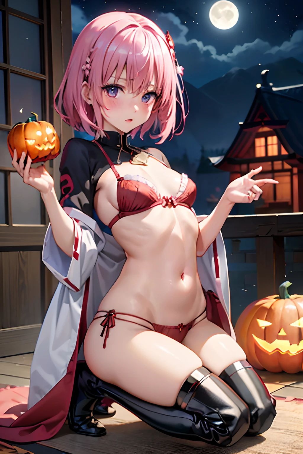 (top-quality:1.1), (masterpiece:1.4), (absurderes:1.0), portlate, a closeup,
1girl in、Momovelia Deviluk、hair adornments、bob cuts、Shorthair pink hair、a purple eye、Medium chest、((shrine maiden clothe))、looking at the viewers、Bedroom、(red blush:1.2)、embarassed expression、(((White neeso)))、black backgrounds、((a miniskirt))、((Opening legs))、long boots、Pumpkin Lantern、fullmoon、(Red BRA)、(Red panties)