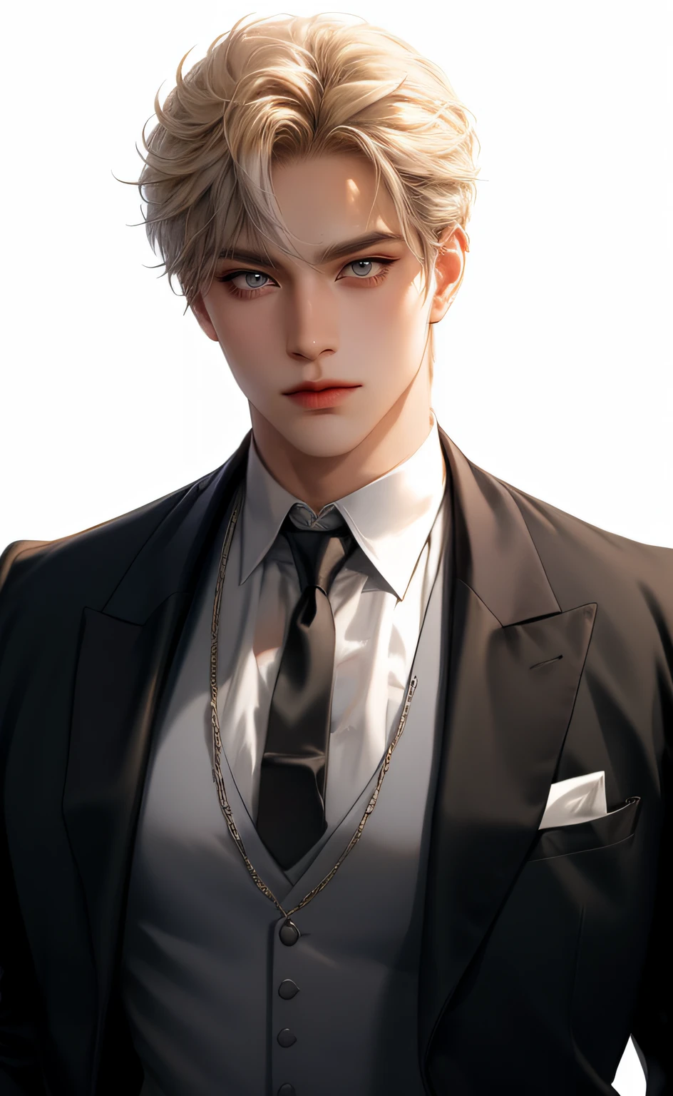 (masterpiece,best quality,ultra_detailed,highres,absurdres),1 mature male, 30-ish, (wide shoulder), (muscular), male focus, solo, sand blonde hair, chain, shirt, black necktie, necktie, simple background, grey eyes, upper body, vest, short hair, looking at viewer, smile face, parted lips, collared shirt, round eyewear, long sleeves, white shirt, white background, white vest, monocle, jewelry.