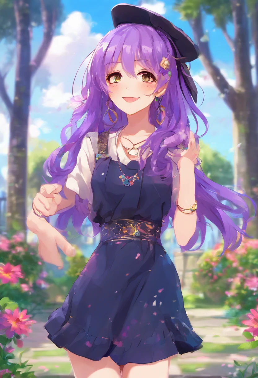 cute winking girl, blue and black dress, happy, park setting, long purple hair, purple bracelet, cute purple boots,