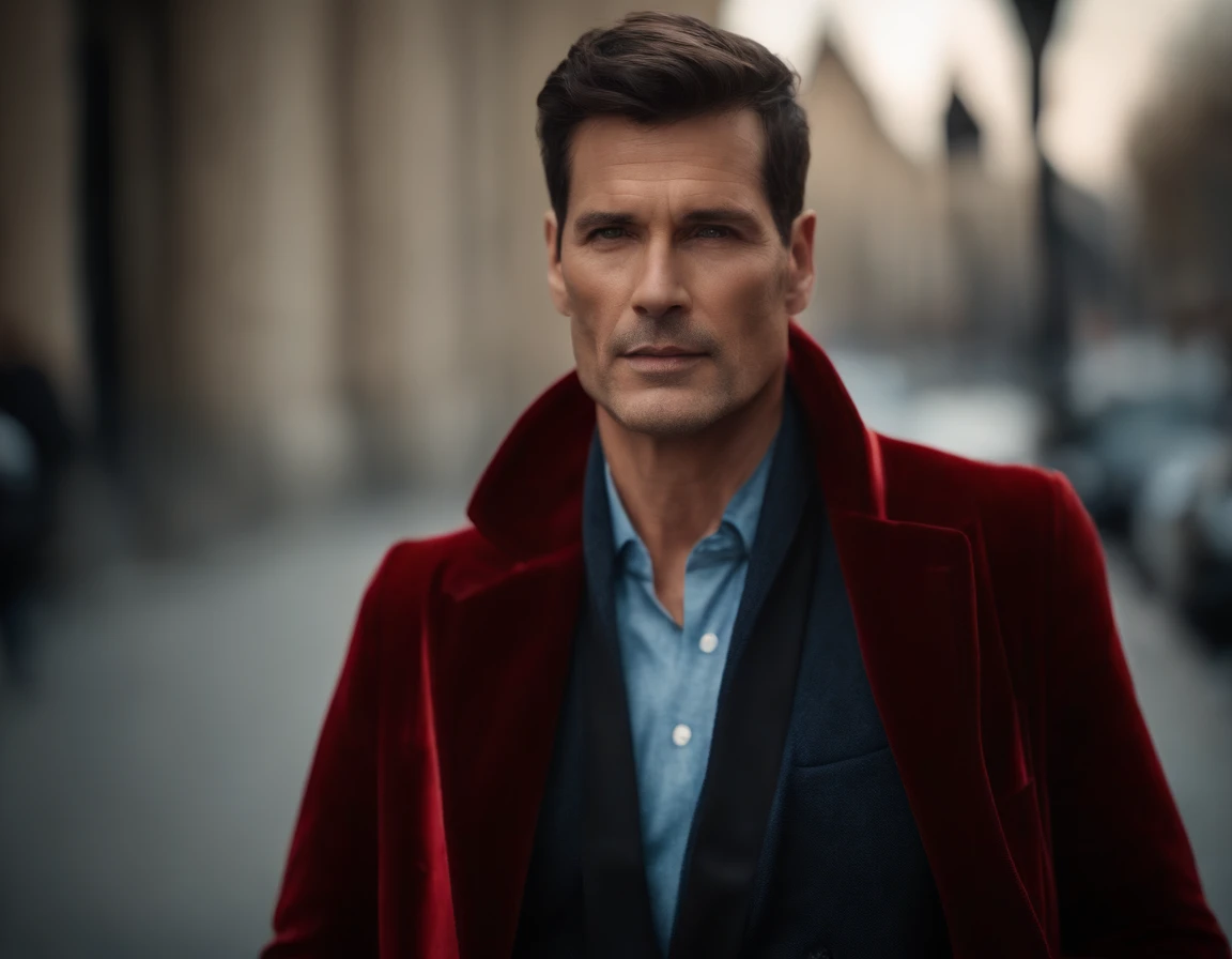 Un homme en rouge, Le style de Patrick Demarchelier. Dressed in a red velvet jacket and blue jeans , Grand et en forme, (40 ans:1.1), (shaven:1.2), (cheveux bruns courts :1.5),(very short hair:1.6). in the style of ethereal beauty, Realistic blue sky, Hasselblad 1600F, Hyperrealistic portrait, couleurs vives, Lignes dynamiques, lisse et poli .