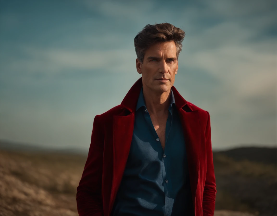 Un homme en rouge, Le style de Patrick Demarchelier. Dressed in a red velvet jacket and blue jeans , Grand et en forme, (40 ans:1.1), (shaven:1.2), (cheveux bruns courts :1.5),(very short hair:1.6). in the style of ethereal beauty, Realistic blue sky, Hasselblad 1600F, Hyperrealistic portrait, couleurs vives, Lignes dynamiques, lisse et poli .