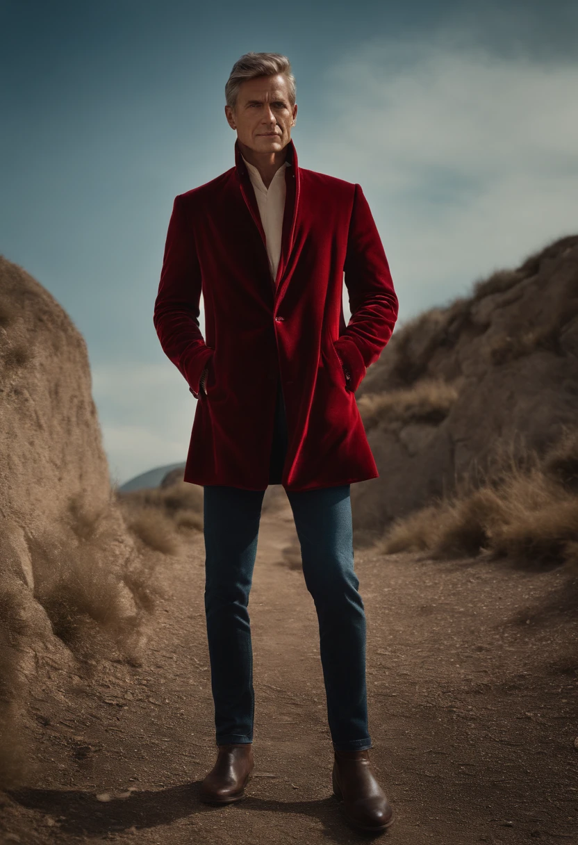 Un homme en rouge, Le style de Patrick Demarchelier. Dressed in a red velvet jacket and jeans , Grand et en forme, (40 ans:1.1), (shaven:1.2), (cheveux bruns courts :1.5),(very short hair:1.6). in the style of ethereal beauty, Realistic blue sky, Hasselblad 1600F, Hyperrealistic portrait, couleurs vives, Lignes dynamiques, lisse et poli .