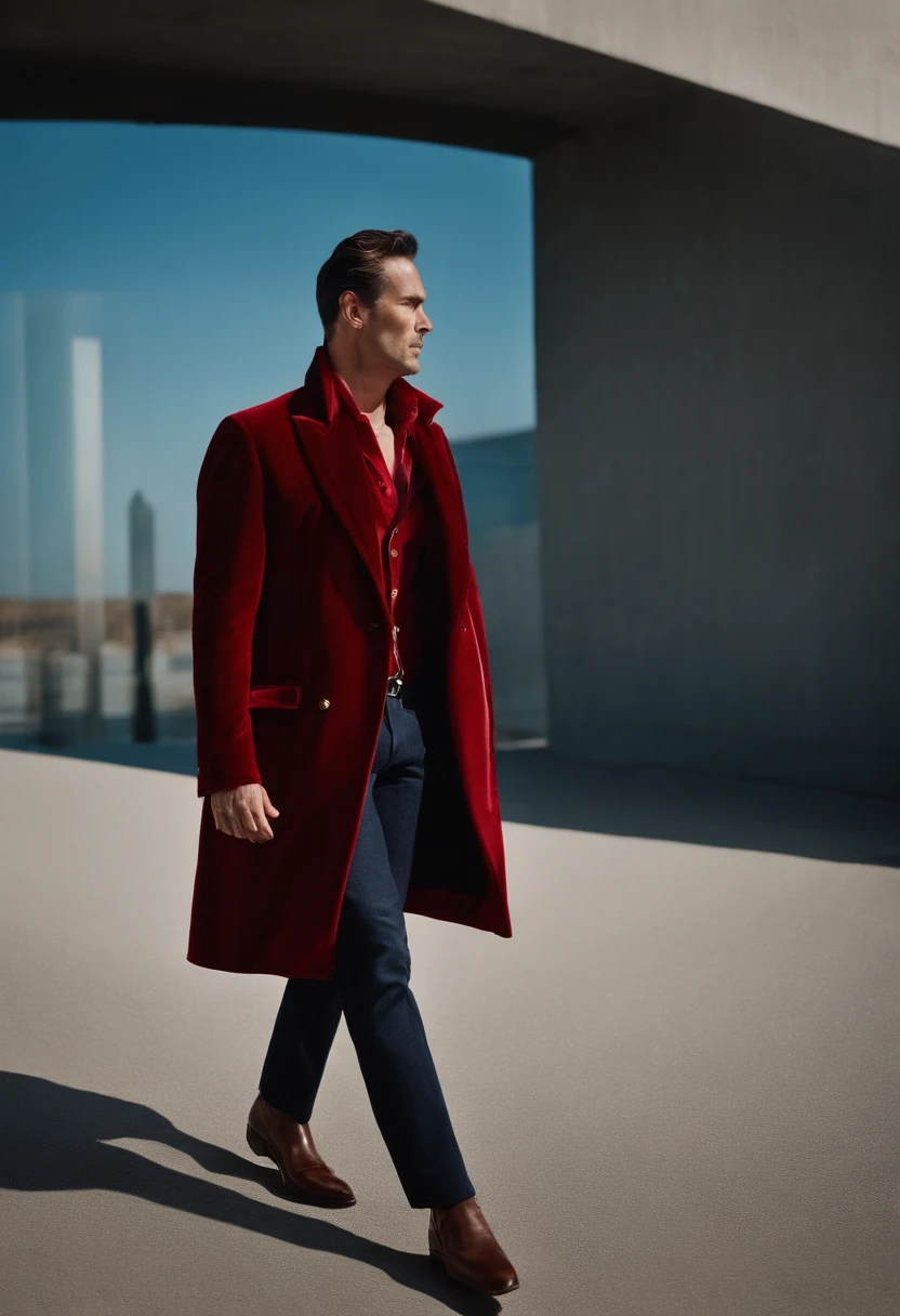 Un homme en rouge, Le style de Patrick Demarchelier. Dressed in a red velvet jacket and jeans , Grand et en forme, (40 ans:1.1), (shaven:1.2), (cheveux bruns courts :1.5),(very short hair:1.6). in the style of ethereal beauty, Realistic blue sky, Hasselblad 1600F, Hyperrealistic portrait, couleurs vives, Lignes dynamiques, lisse et poli .