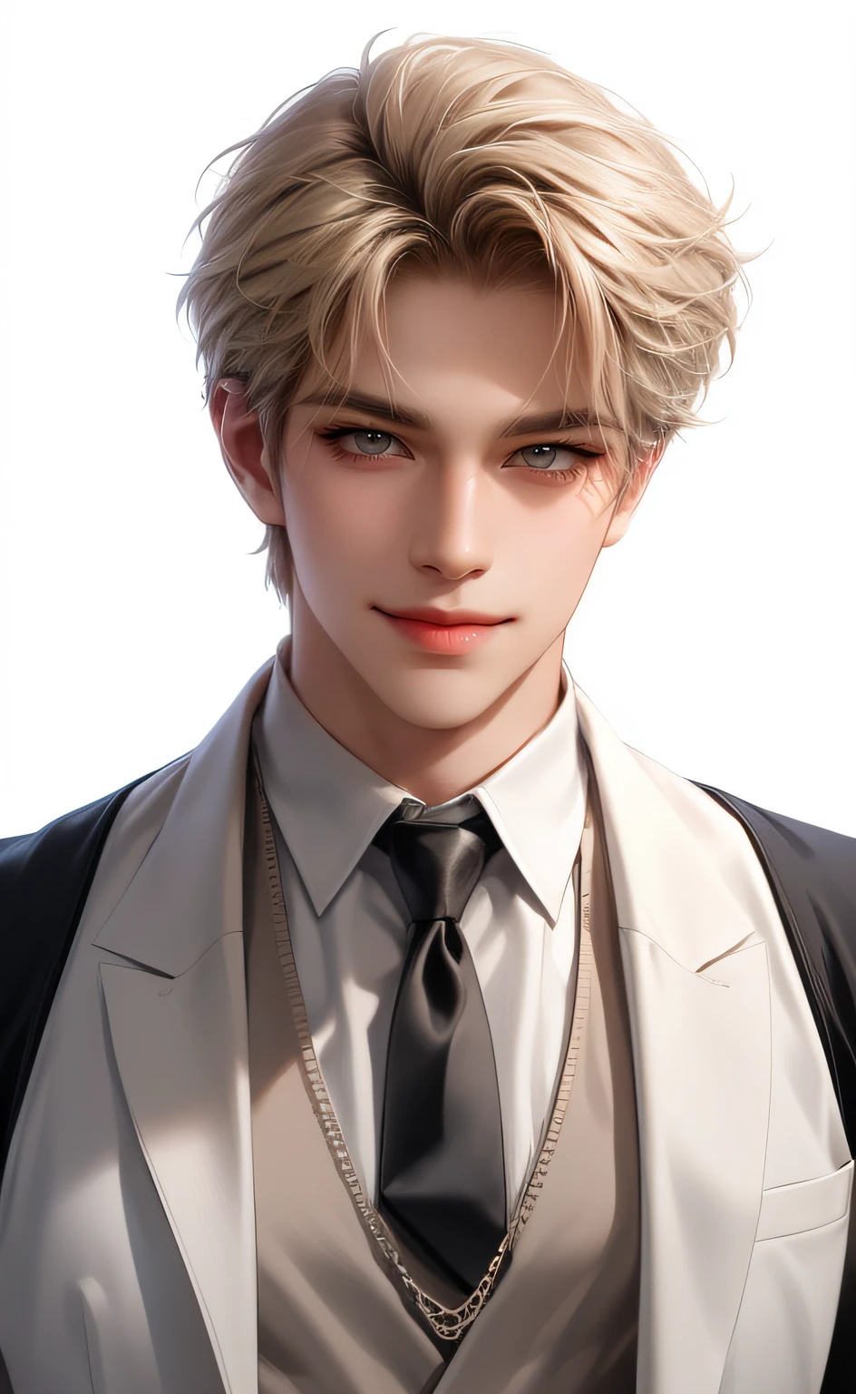 (masterpiece,best quality,ultra_detailed,highres,absurdres),1 mature male, 30-ish, (wide shoulder), (muscular), male focus, solo, sand blonde hair, chain, shirt, black necktie, necktie, simple background, grey eyes, upper body, vest, short hair, looking at viewer, smile face, parted lips, collared shirt, round eyewear, long sleeves, white shirt, white background, white vest, monocle, jewelry.