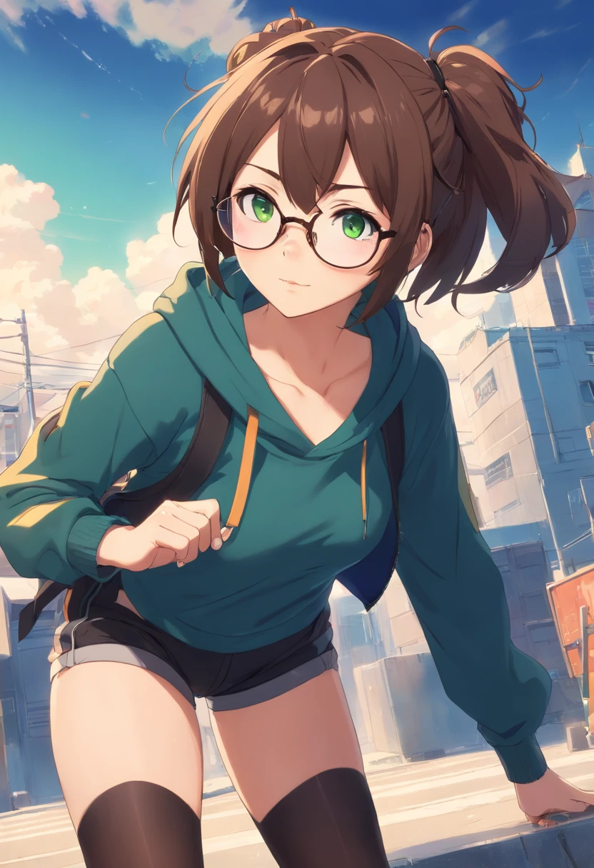 brown hair tied in messy bun, glasses, big boobs, green eyes, pointed ears, goth, black crop hoodie, black shorts, round glasses, black fishnet gloves and stockings, freckles, blushing, hentai, nsfw, sexual, having sex, big dick, porn, male x female, sex with viewer, porn