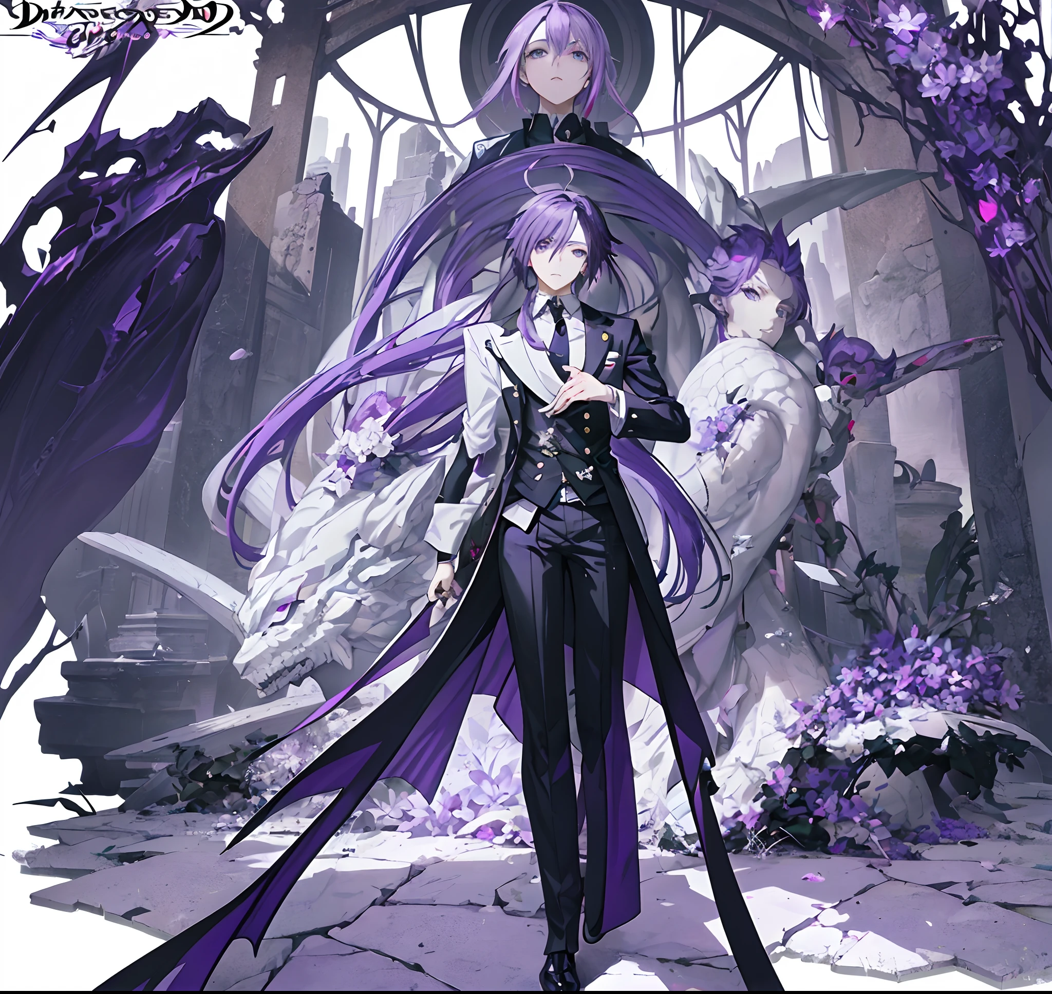 (masterpiece, highlydetailed, purple hair:1.5), (1boy),male,(beautiful face, cute expression), (, charming), detailed purple eyes,short detailed hair,By bangs,anime - style image of a man in a suit and tie standing in front of a statue, official art, ufotable art style, digital art from danganronpa, high detailed official artwork, official artwork, dreamy psychedelic anime, albedo from the anime overlord, shigenori soejima illustration, monochrome artwork!!, hq artwork