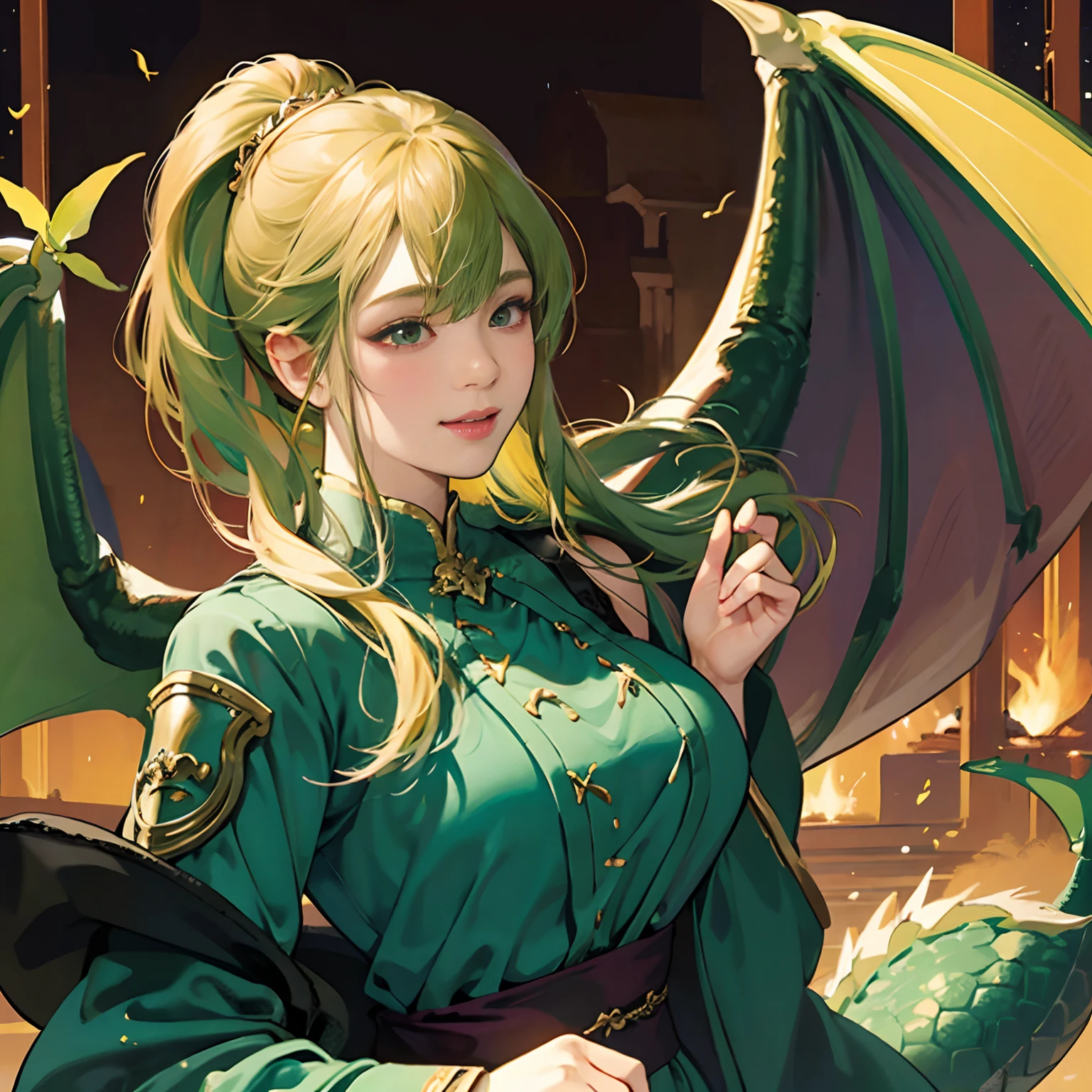 Women in Their 20s、fantasy worlds、offcial art, unity 8k wall paper, ultra-detailliert, beautifly、Aesthetic, masterpiece, top-quality, Photorealsitic、detailed costume、depth of fields, Fantastic atmosphere, Calm palette, tranquil mood, Soft shading、bbw、plump figure、Soft skin、Huge breasts、very large breast、Happy smile、Daughter of the Dragon Tribe:1.5、Dragon wings on the back:1.5、Dragon's horn、Dragon's tail、shoulders covered with green scales,,,、Armor made of dark green scales、Blonde hair fluttering in the wind、Keep a dragon ???、On the ramparts、Stone tower、Black clothe、Black underwear
