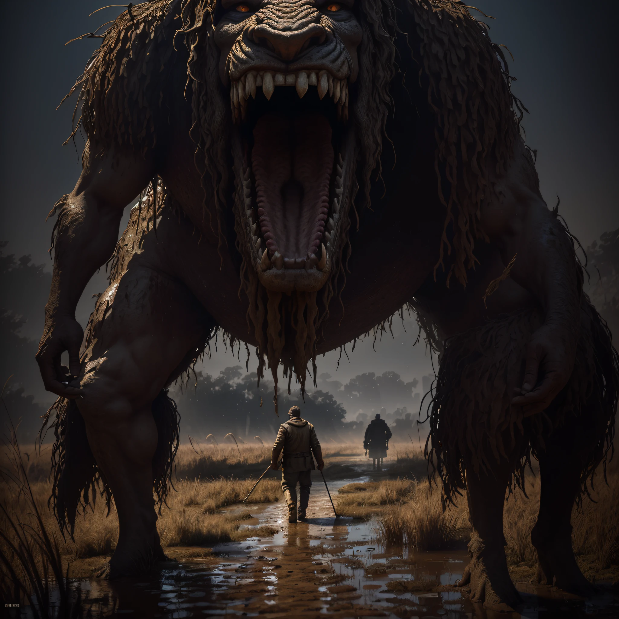 creates a giant, seen full-length and from a distance, who is walking in a mud of reeds, with very little light and with a plasticized texture of various colors and who is shown in a very aggressive way with his mouth open and showing a row of small teeth, all in ultra high definition in 8k --auto