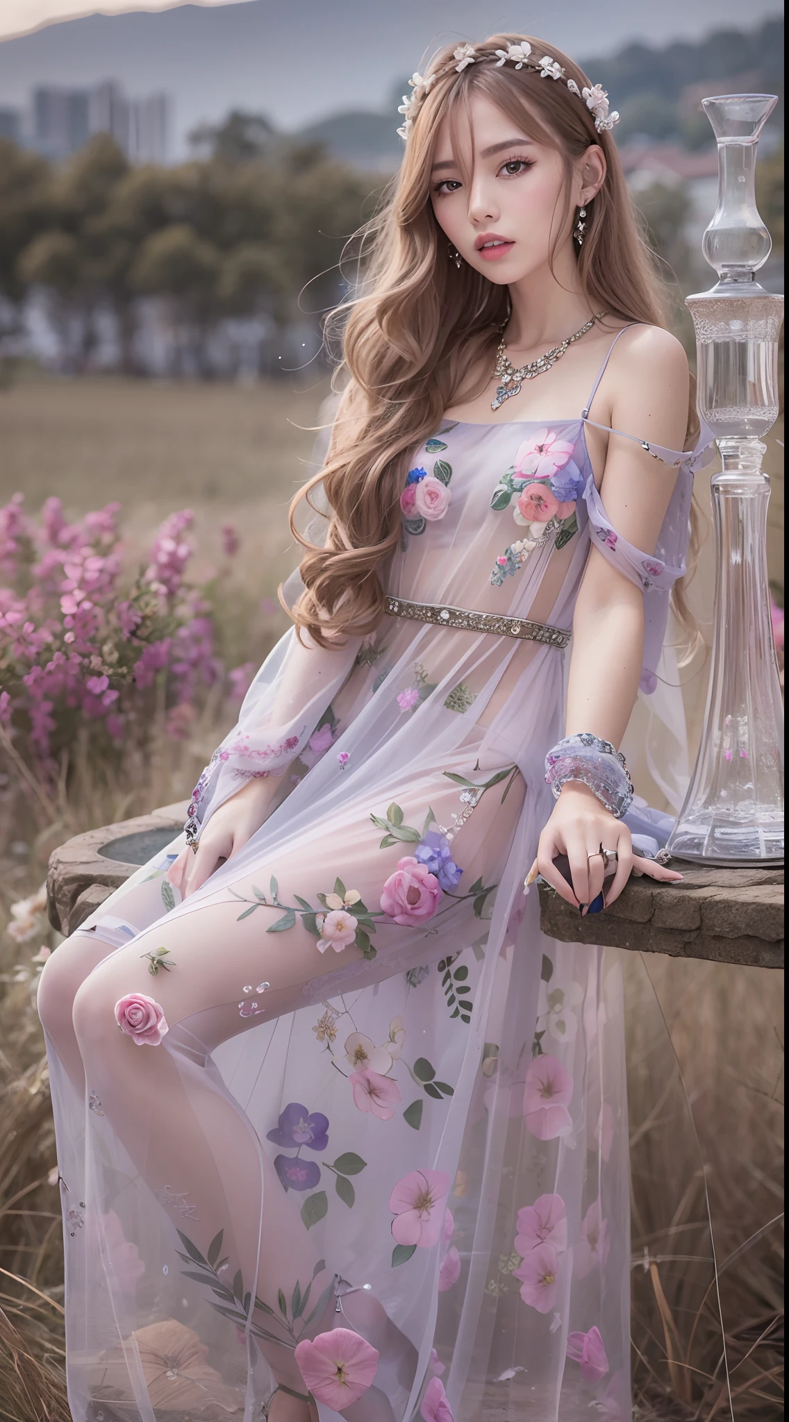 Long transparent dress with floral pattern,schoolgirls,Long wavy hair,blueneyes,Crystal hair accessories,Full body photo,Feminine physique,16k high quality photos