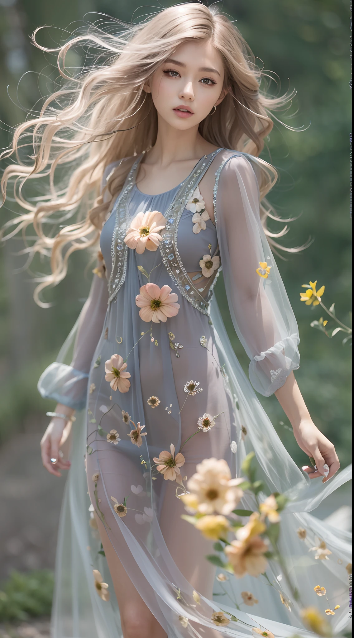 Long transparent dress with floral pattern,girls,Long wavy hair,blueneyes,Crystal hair accessories,Full body photo,Feminine physique,16k high quality photos