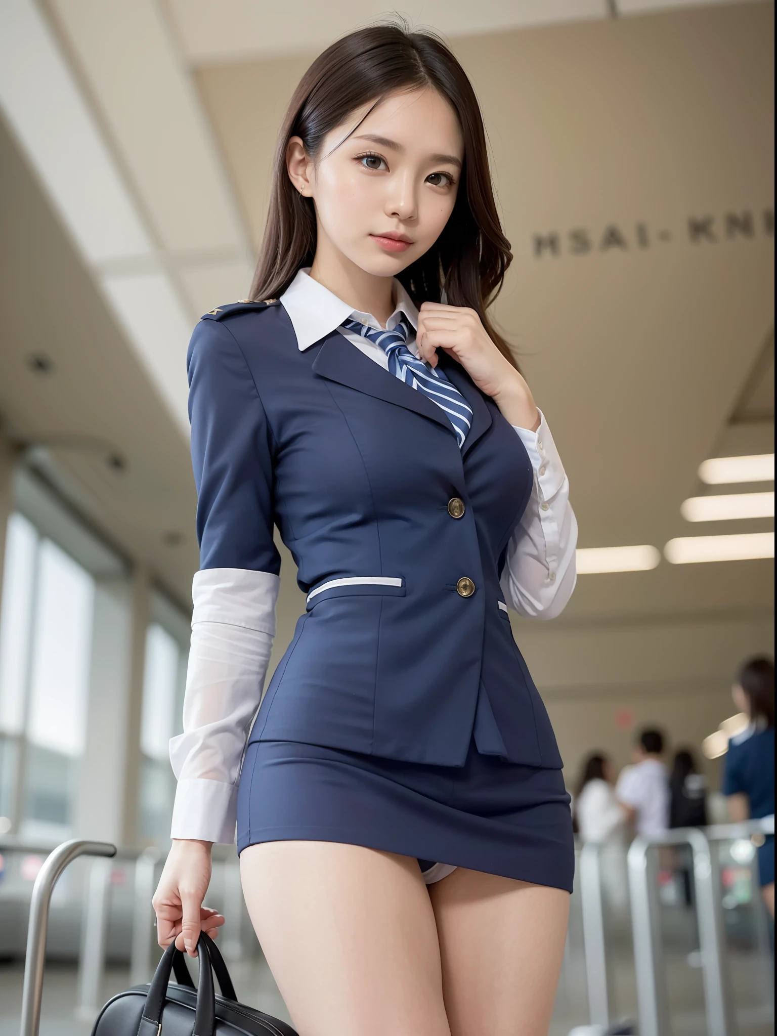 ((of the highest quality, 8K, masutepiece: 1.3, Raw photo)), Sharp Focus: 1.2, (1 AESPA Girl :1.1), Solo, (Realistic, Photorealistic: 1.37), (Face Focus: 1.1), Cute face, hyperdetailed face, tying hair, Small Smile, Small breasts, flat chest, nude, (flight attendant uniform: 1.2), standing, Thigh, showing chiffon panties, airport, terminal
