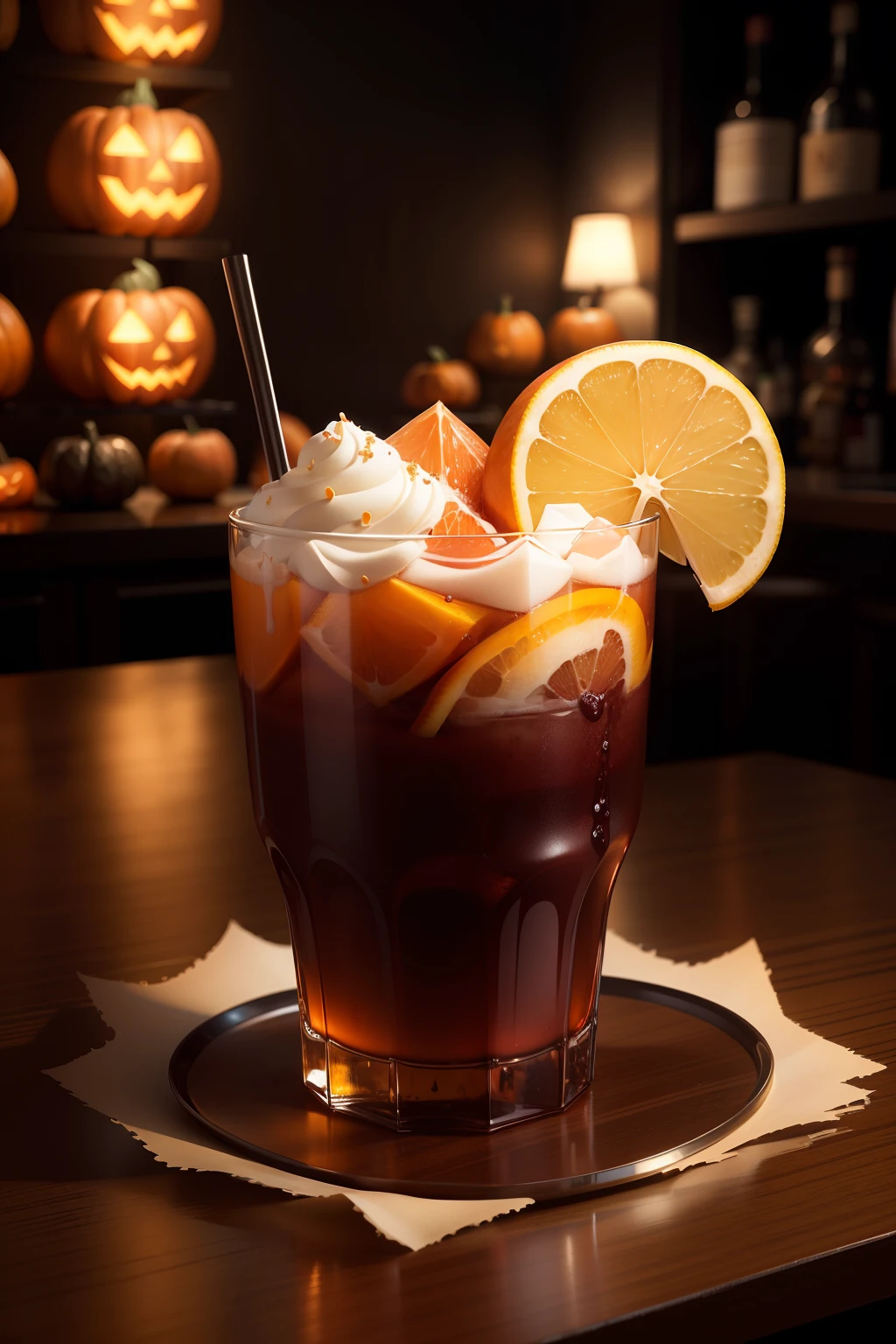 RAW, ​masterpiece, ultra fine photos,, top-quality, 超A high resolution, Photorealsitic、Halloween-themed cocktails, In a variety of shapes and colors, Realistically rendered, photo-like style.