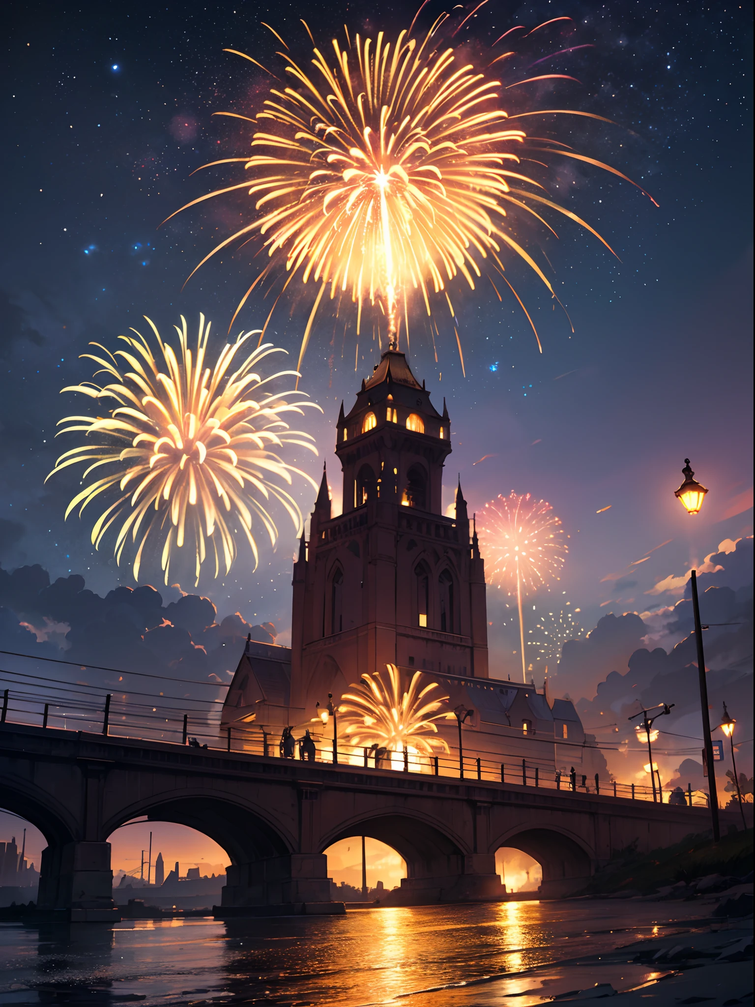 Beautiful anime scenery of amazing fireworks in night sky, in Makoto Shinkai style, star, above the bridge, car, very detailed, perfect, (masterpiece:1.3), vibrant, flawless art, cinematic