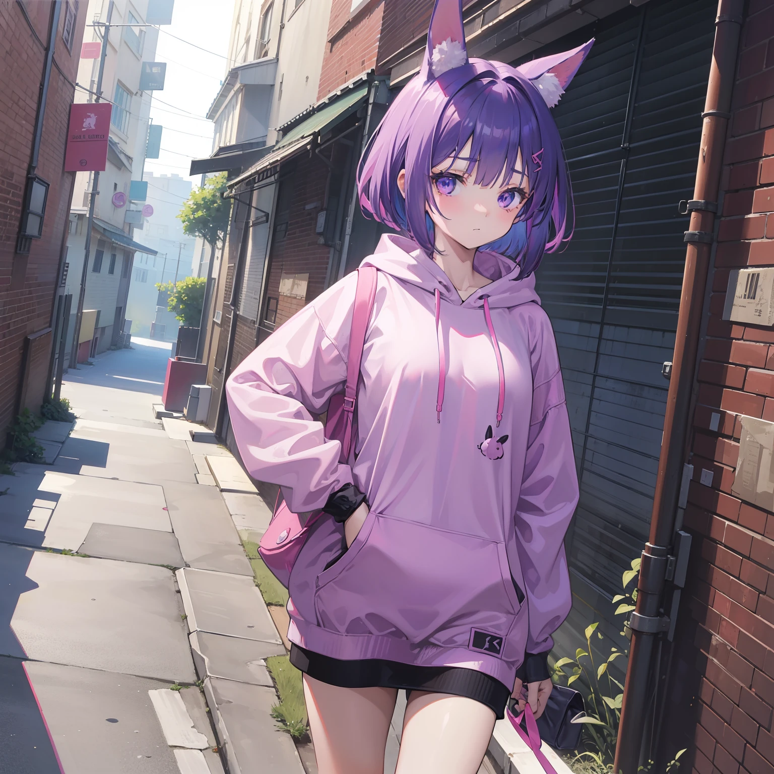 (8k, best quality, masterpiece:1.2),(best quality:1.0), (ultra highres:1.0), 2D anime, wide-angle, 1girl, Slender small breasts、Delighted beautiful girl with purple medium bob and black rabbit ears、Baggy, oversized pink hoodie、Walking in a very dirty back alley