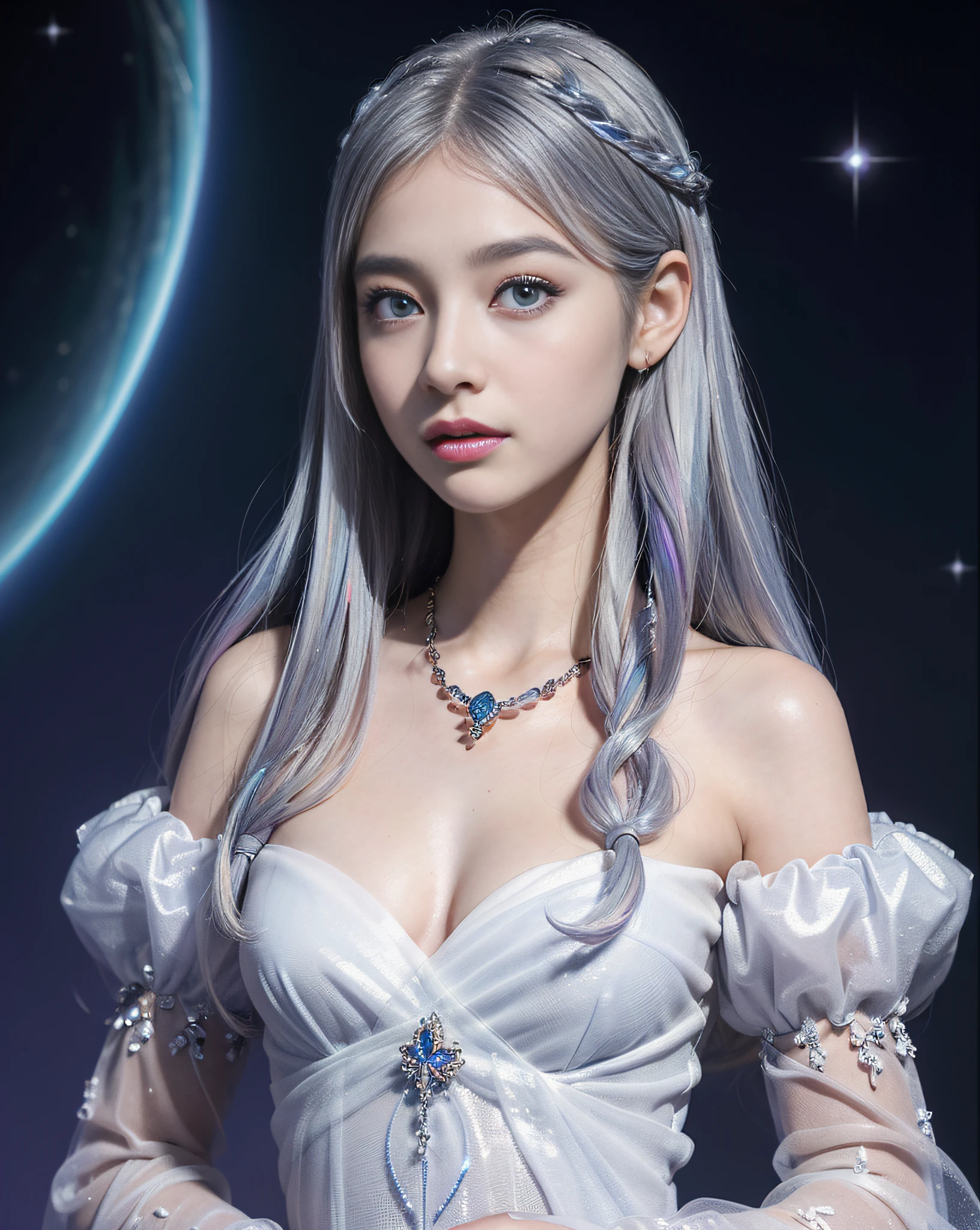 An ultra-high picture quality、(((full body Esbian)))、frontage、bilaterally symmetrical、((The background is a very dark Milky Way))、(((Planktonic)))、colourfull、muitoﾘｱﾙHuman texture、 (((Very cute beautiful Russian white girl )))、((Very white skin of a 10-year-old Causiarl witransparent blood vessels showing through))、(((very long and high nose of a white woman,,,,)))、(((Under the short nose)))、(((no-makeup)))、 (1girl in:1.3),  Light persona, Dark Persona, mind control, fractral, ceiling, Artistic background, Geometric, organics, blessings, favor, noble, unfolded, elucidation, antigravity, Antimatter, holy, Sacred, spiritual, Dignified, Luminescent, Holographic, About Magic Circle, photons, scales, Beak,(artistic)、(((The most fantastic brightly colored eyebrows))),,(((Glittering pale blue-violet silver hair and eyebrows)))、(((Super luxurious see-through Western style long dress with plenty of luxury accessories)))、(((Beautiful white skin with hair and pores,)))、(((Extremely delicate and brightly colored targets)))、(((Beautiful glowing caucasian woman with iris iris eye with ultra high definition pattern)))、(((I love you)))、Lots of luxury knick-knacks,(((Small drooping eyes with a gentle feeling)))、(((very thin eyelashes,,,,,,,,,,)))、(((Realistic naked eye)))、High Definition Lip、Slightly baby-faced、Beautiful double eyelids、(((Cute girlish hairstyle spreads softly....)))、(((A Princess)))、(((large chest directed upwards in a very three-dimensional pointed shape,,,,,,,,,,,,,,,)))、(((Dreams)))、(((Your imagination)))、(((Fluffy High Half Twin Tail Hair)))、Luxurious Princess Tiara、Luxury Princess Necklace、(((Looking at the camera)))、(((A gaze to look here)))、(((Sora no Otoshimono)))、With movement、star child