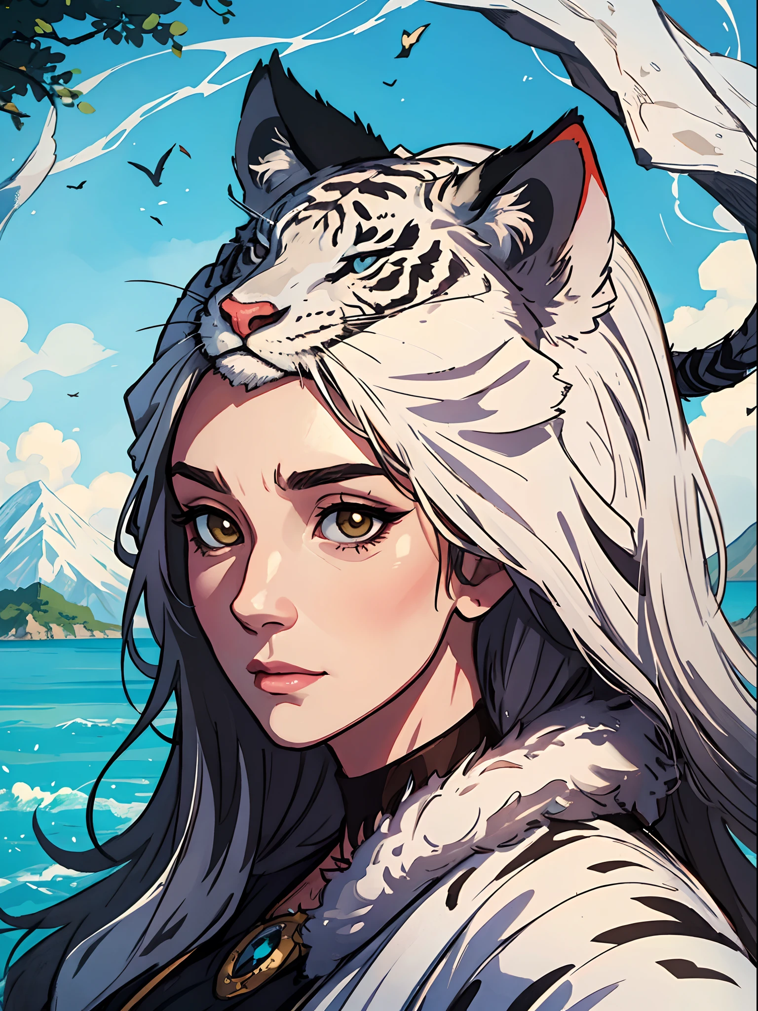 the white tiger and a female beautiful beast tamer, (mature woman:1.4), (mature face:1.4), Mountain and Sea Sutra,mythological beasts, Handsome, mature face, extremely detailed textures, beautiful shadow and lighting, masterpiece, absurdes
