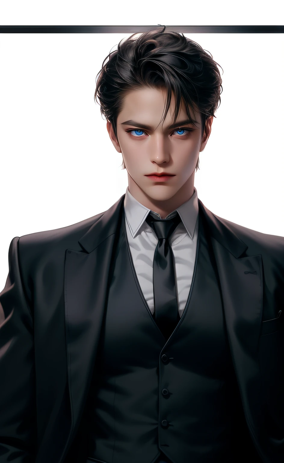 (masterpiece,best quality,ultra_detailed,highres,absurdres),1 mature male, 30-ish, (wide shoulder), (muscular), male focus, solo, black hair, chain, shirt, black necktie, necktie, simple background, blue eyes, upper body, vest, short hair, looking at viewer, parted lips, collared shirt, round eyewear, long sleeves, black shirt, white background, black vest, monocle, jewelry.