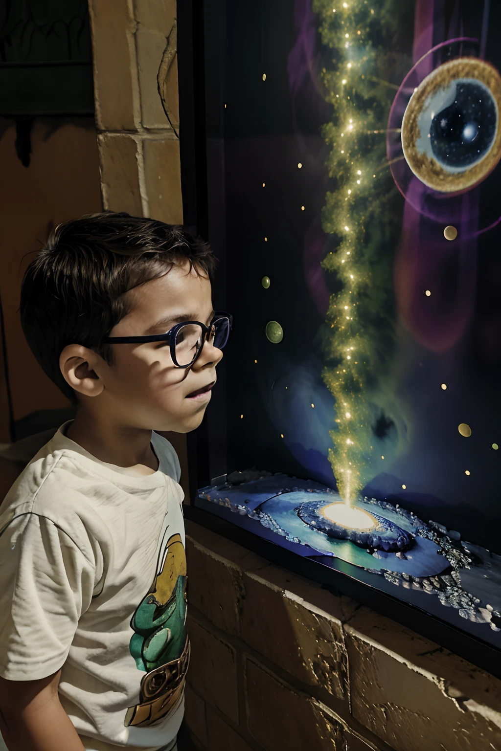 Capture a scene of a happy 3--old wearing glasses, his face full of wonder and innocence, as he stares in awe at a magic box before him. A caixa emana vibrante, luzes coloridas, Sparks, and magical rays that dance and reflect on the boy's innocent face. His eyes are wide with astonishment, and his expression conveys pure fascination.Sem o conhecimento do menino, Behind him, There is a magical portal that reveals a breathtaking view of the planets and stars of the universe. The portal adds an element of cosmic wonder to the scene.The boy is positioned facing the viewer, creating a connection between the viewer and the child's sense of wonder. A cena deve ser hiper-realista e hiper-detalhada, capture all the nuances of the boy's expression, The Magic Box, and the cosmic portal.The background should be intentionally blurred to give emphasis to the boy, The Magic Box, e o portal. The image should also incorporate a touch of Studio Ghibli style, infusing you with a sense of enchantment and whimsy.Render the image in 8K resolution to ensure every detail is crystal clear, offering a visually immersive experience.Esta cena mistura magistralmente realismo com o estilo encantador do Studio Ghibli, criando um momento cativante de maravilha e magia.