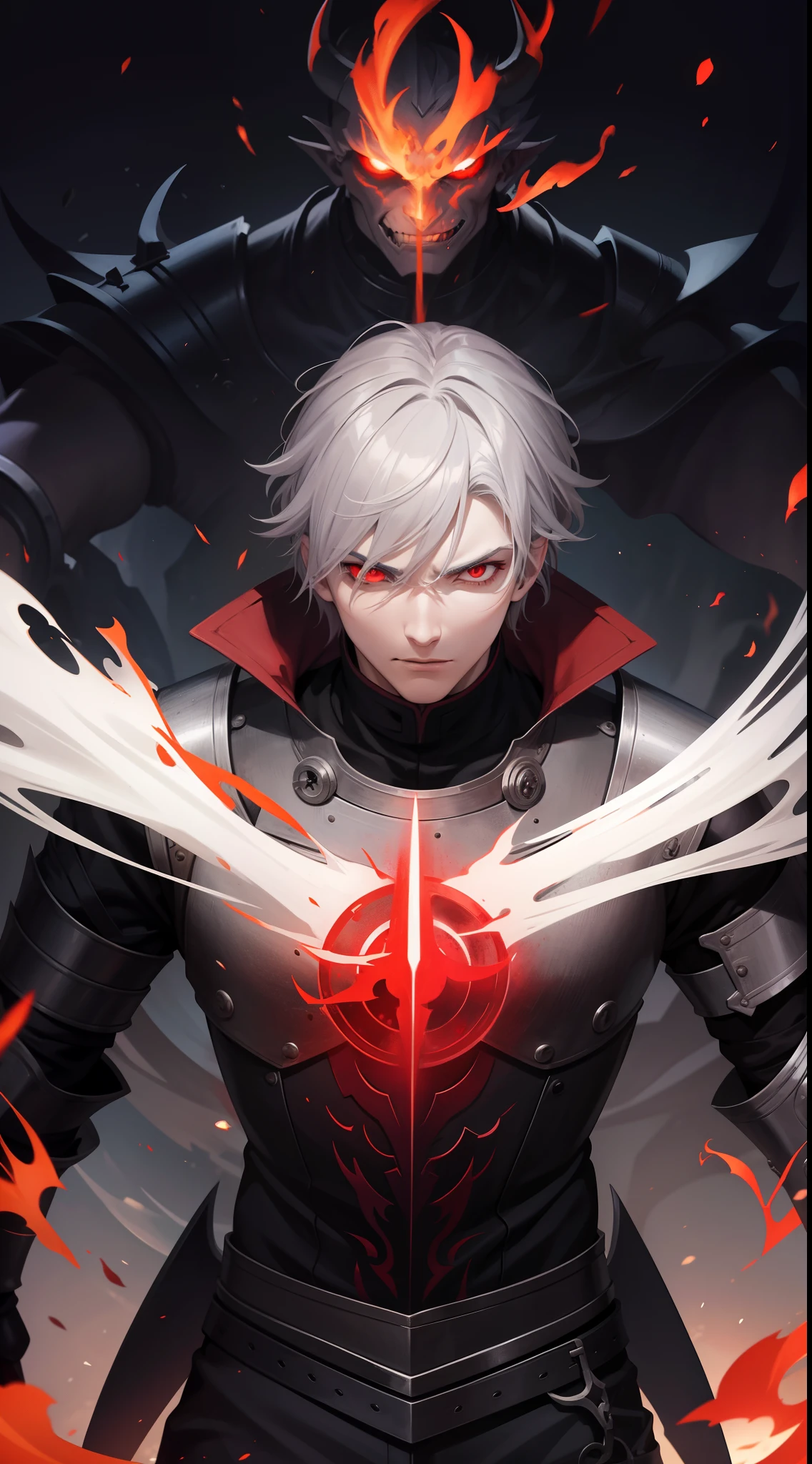 Male with gray hair, red eyes, surounded devil flames, evil, beserk, wearing armor, lost control