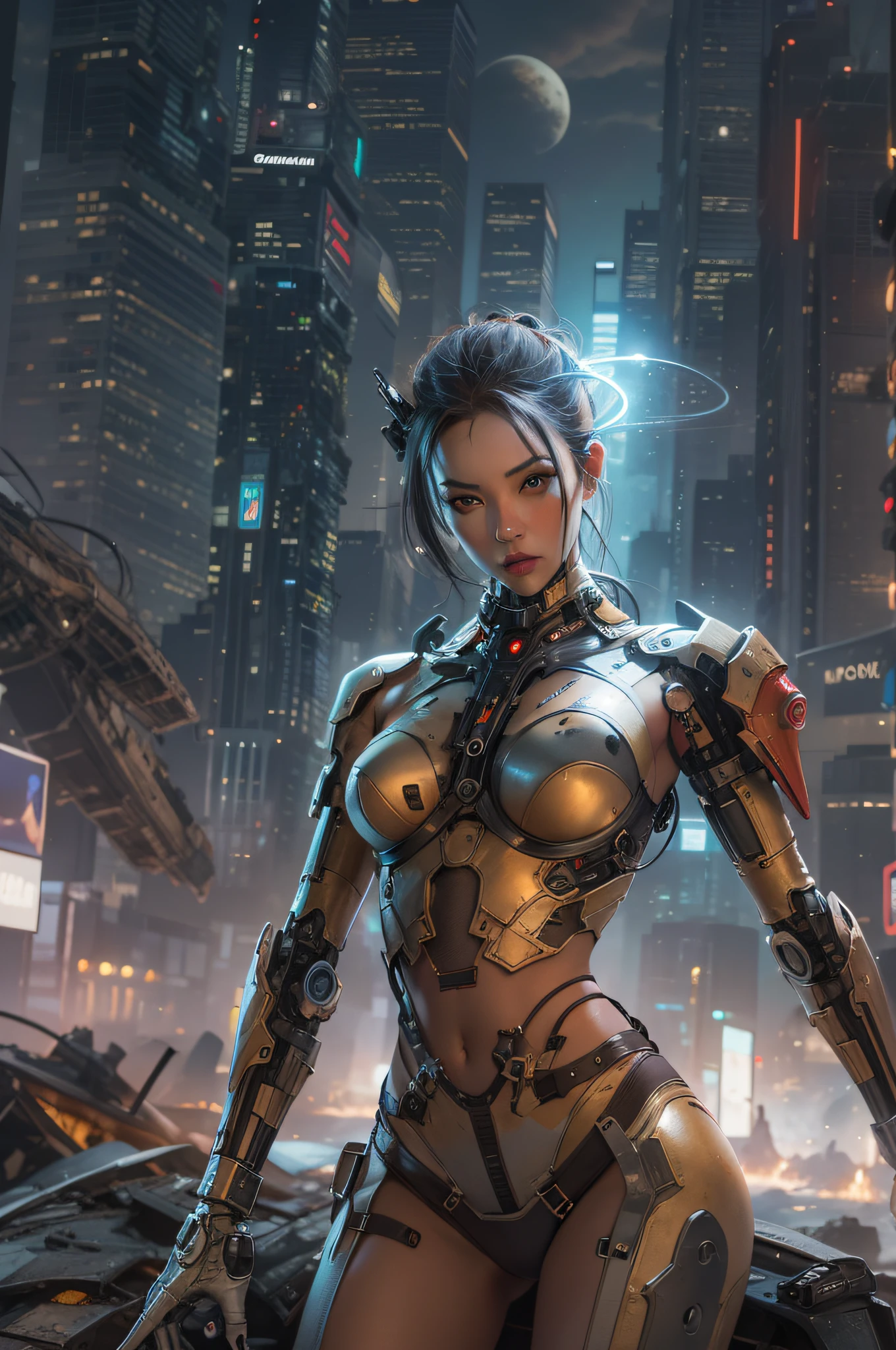 Crash-landed on a planet of super-advanced civilization, a sexy female cyborg emerges from the wreckage of her spaceship, her cybernetic enhancements enhancing her allure against the backdrop of an awe-inspiring futuristic metropolis, conveying a sense of both power and seduction in this high-tech world, Combining elements of science fiction concept art and digital painting with an emphasis on the character's sensuality,