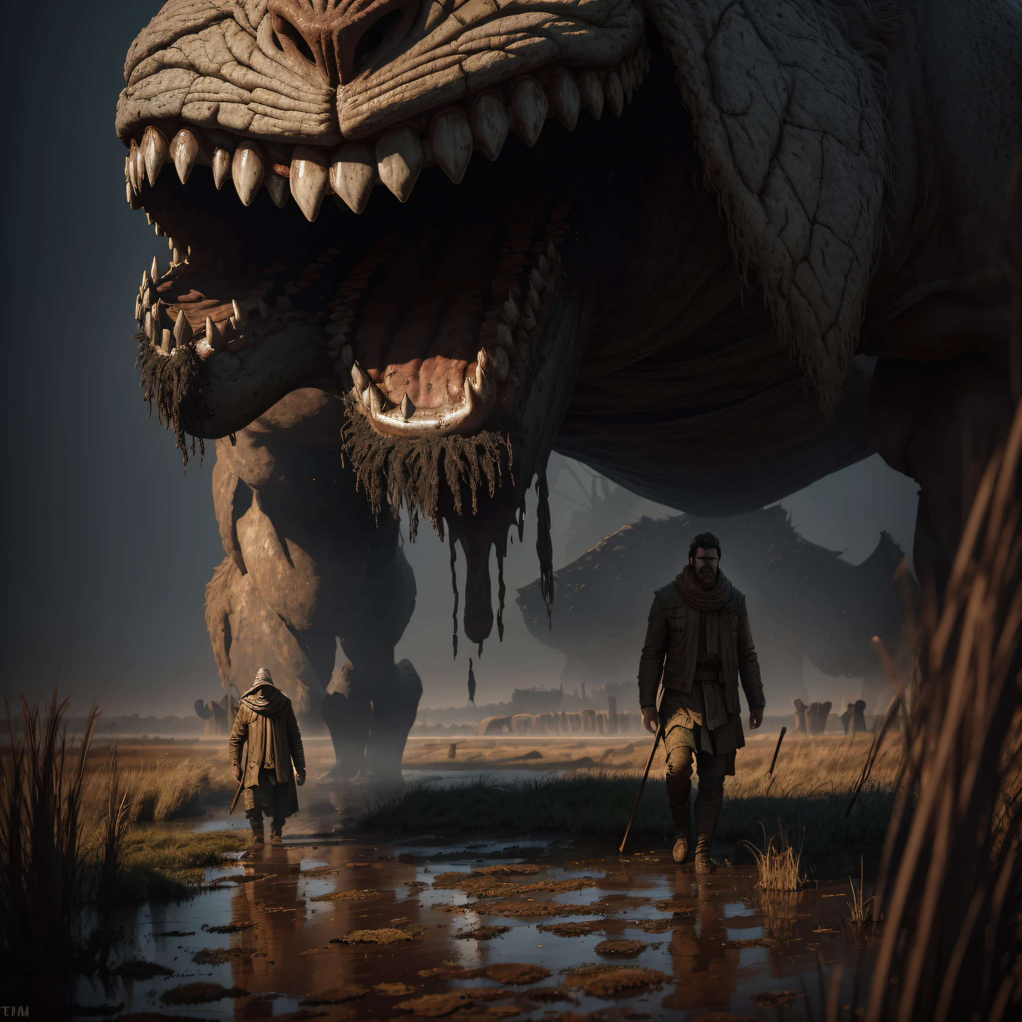 creates a giant, seen full-length and from a distance, who is walking in a mud of reeds, with very little light and with a plasticized texture of various colors and who is shown in a very aggressive way with his mouth open and showing a row of small teeth, all in ultra high definition in 8k --auto