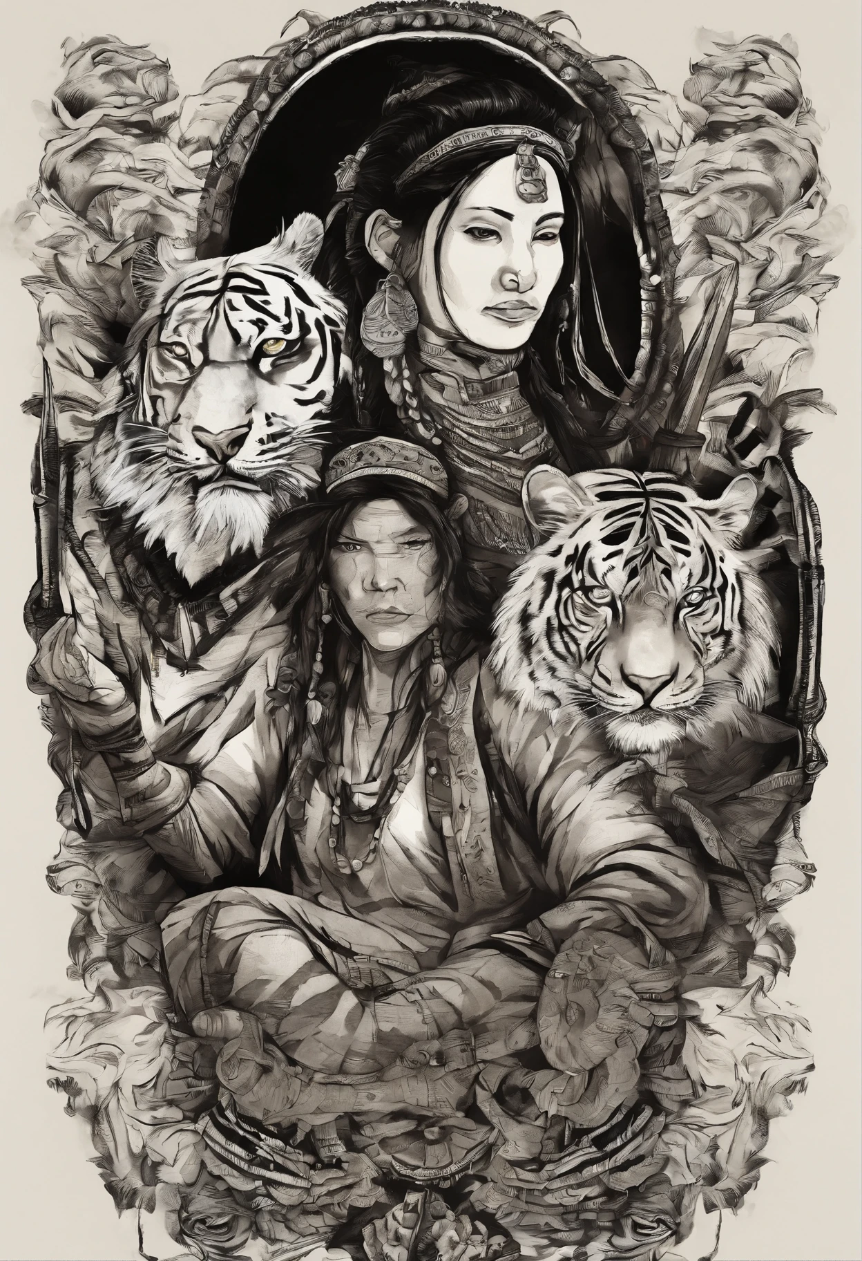 the white tiger and a mature adult female beautiful beast tamer, mature woman, (mature face:1.4), Mountain and Sea Sutra,mythological beasts, Handsome, mature face, extremely detailed, beautiful shadow and lighting, masterpiece, absurdes